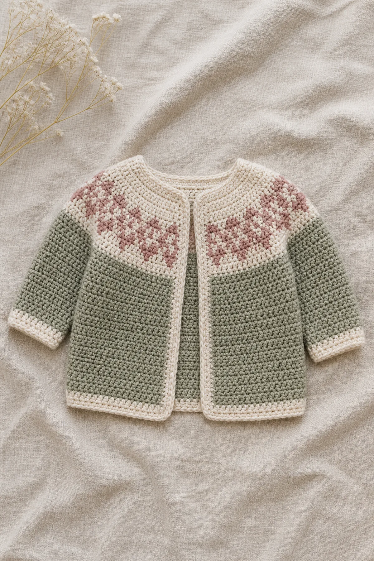 Finished dahlia - children’s cardigan with oatmeal raglan yoke, dusty-rose dahlia colorwork, sage body, cuffs, and hem