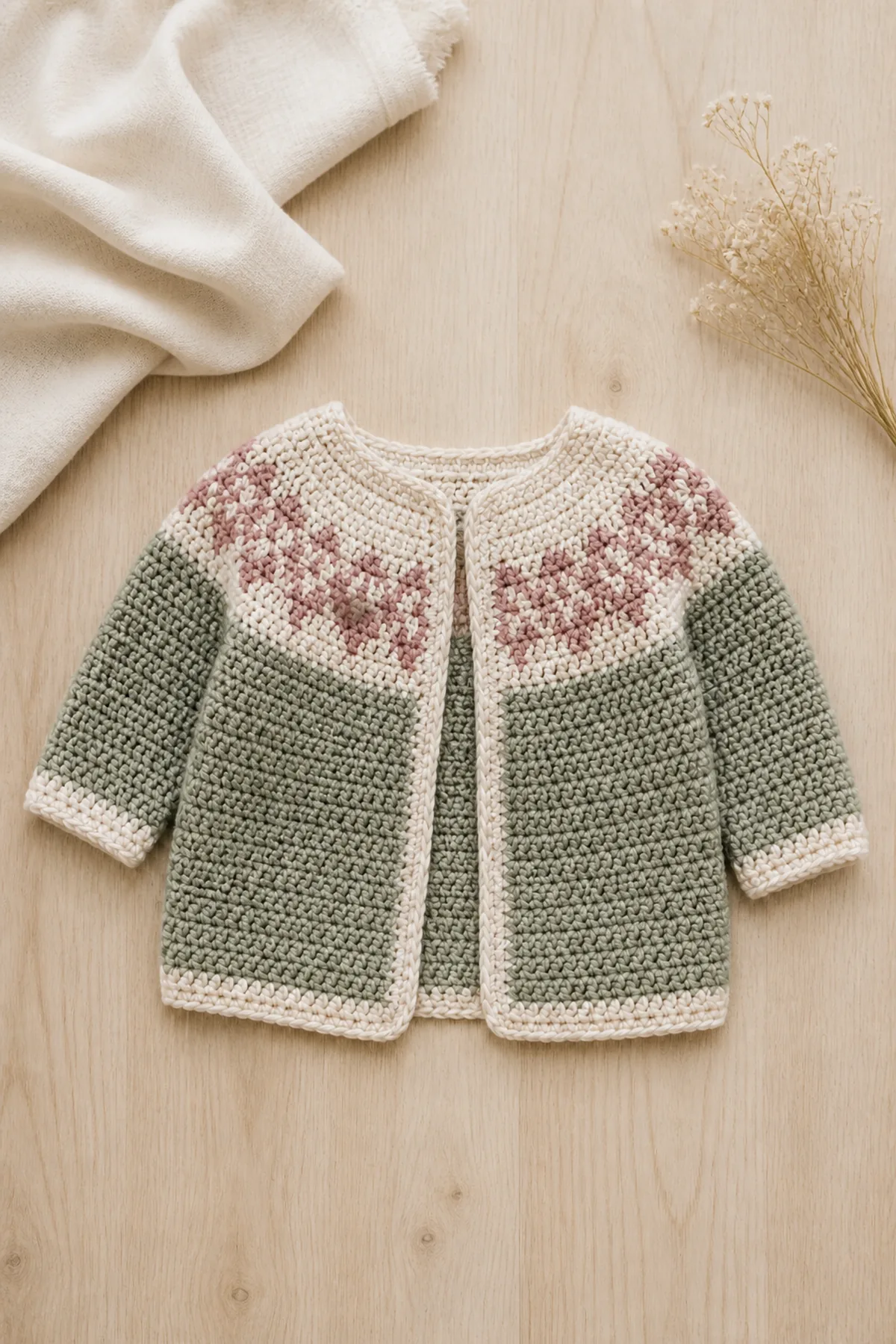 Finished dahlia - children’s cardigan styled in a calm bright nursery setting without a baby present
