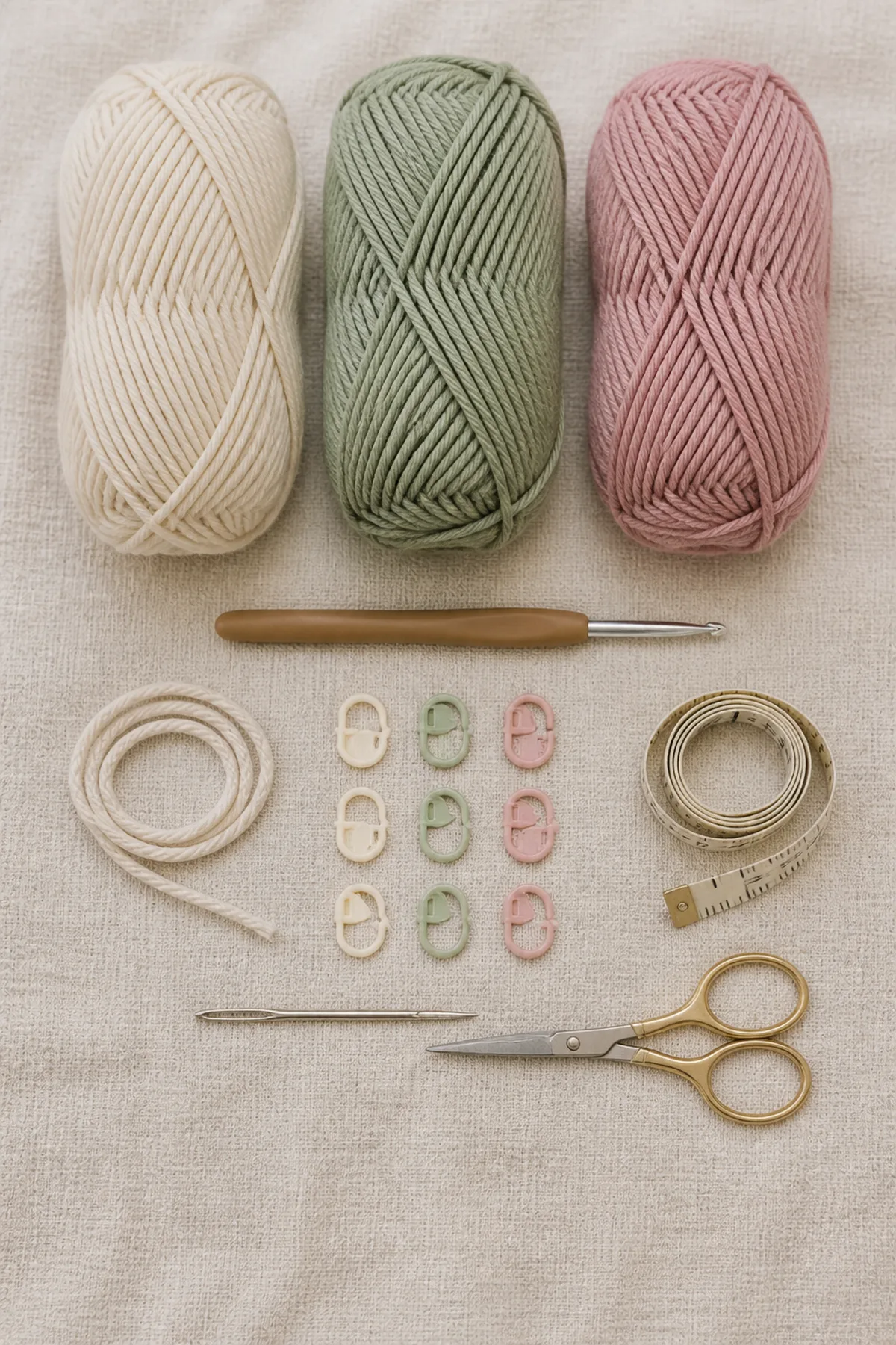 Baby-friendly yarn, crochet hook, stitch markers, tape measure, yarn needle, and scissors for dahlia - children’s cardigan