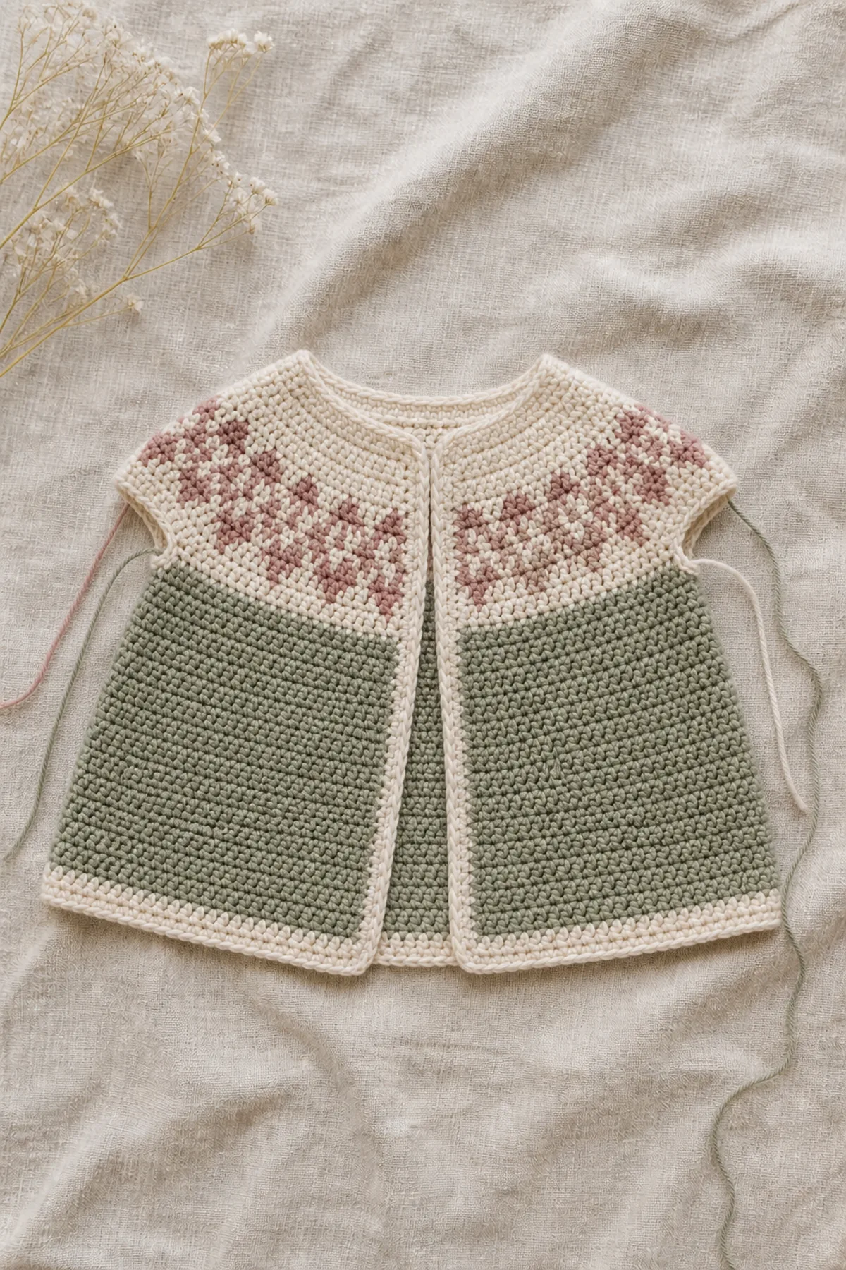Top-down sage cardigan for dahlia - children’s cardigan with flat dusty-rose dahlia diamonds across the yoke