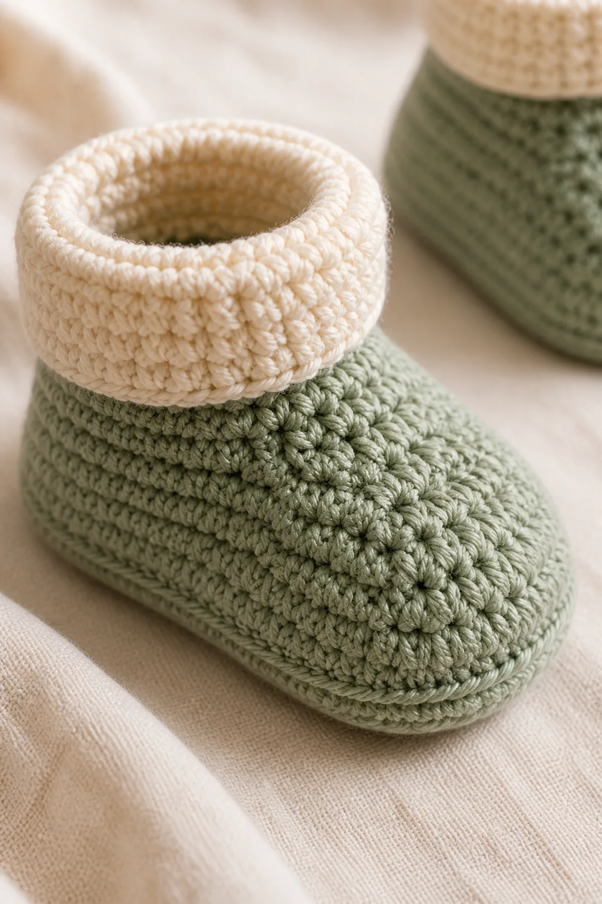 Close-up of the stitch texture and securely finished details on easy crochet baby booties pattern