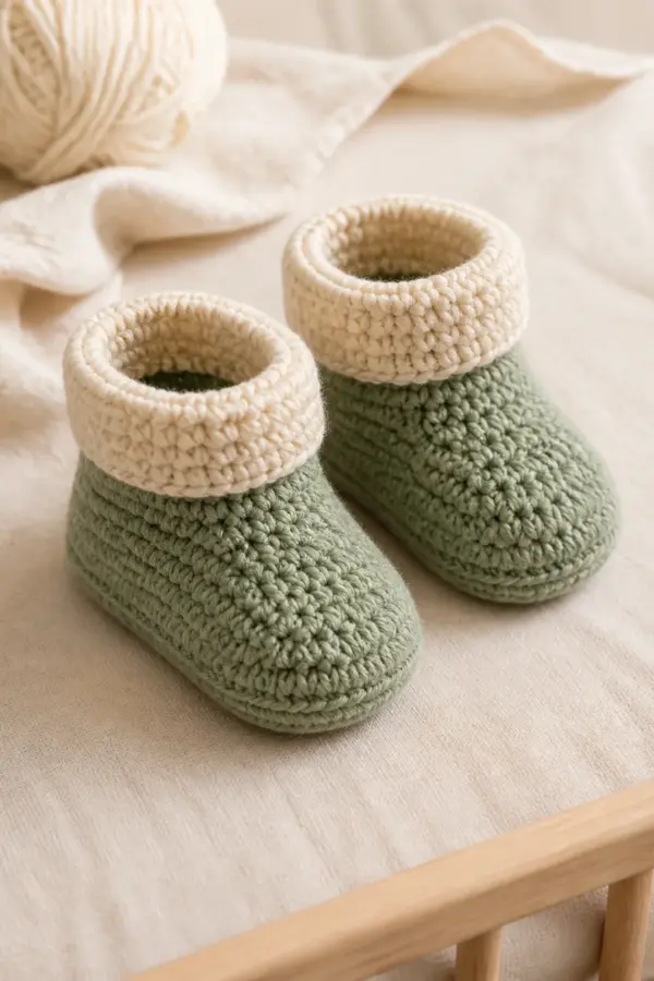 Finished easy crochet baby booties pattern in soft cream and sage yarn on a neutral nursery surface