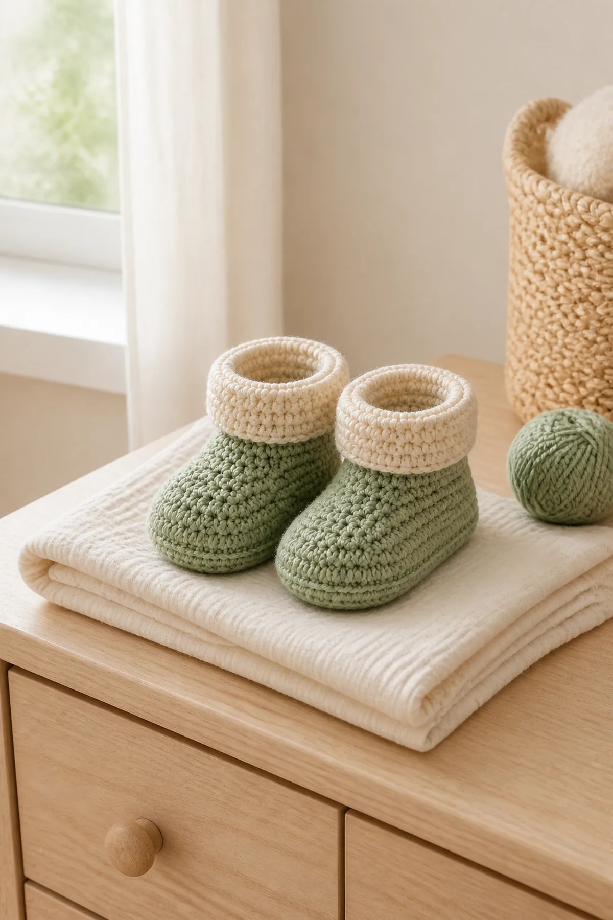 Finished easy crochet baby booties pattern styled in a calm bright nursery setting without a baby present