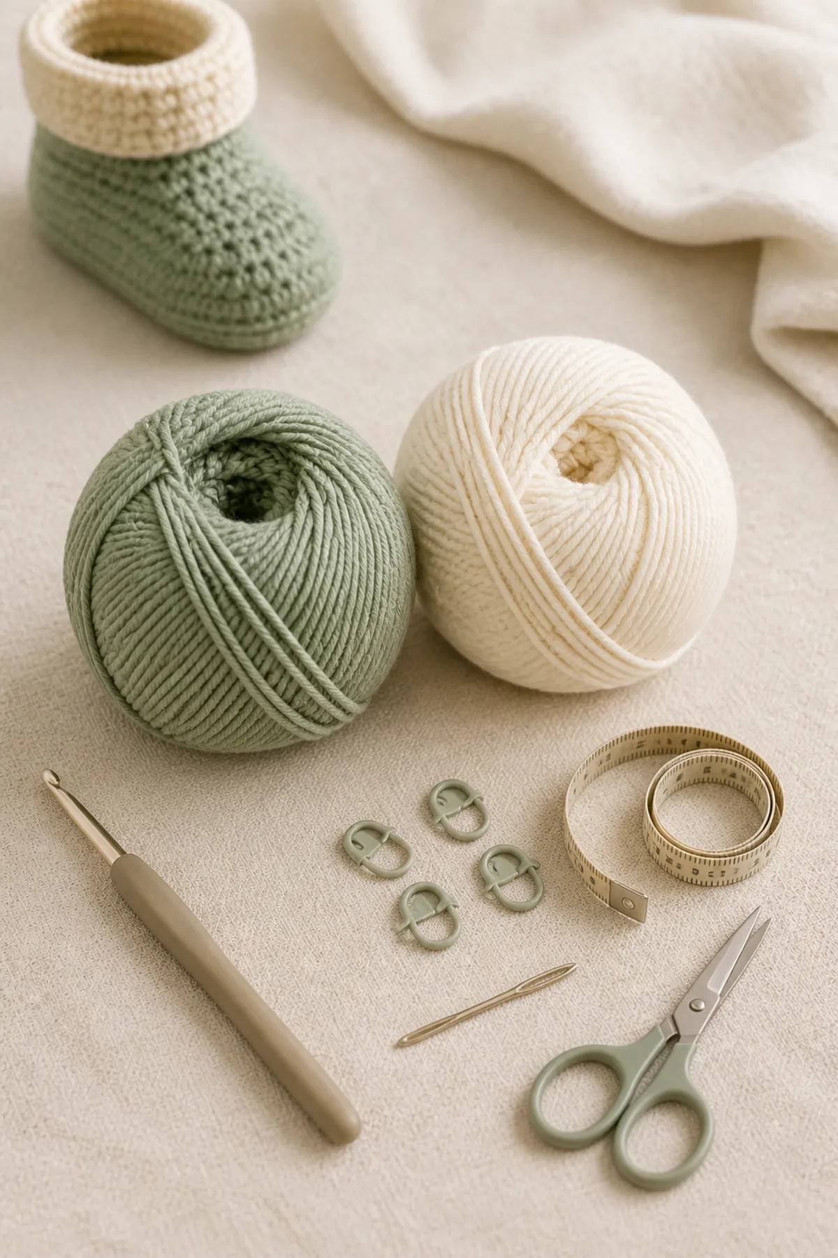 Baby-friendly yarn, crochet hook, stitch markers, tape measure, yarn needle, and scissors for easy crochet baby booties pattern