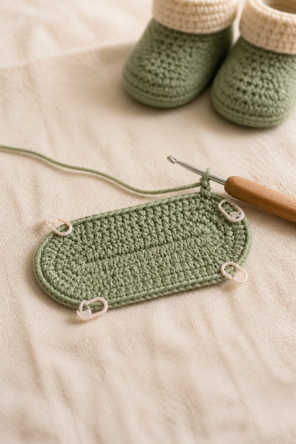 Early counted crochet stage of easy crochet baby booties pattern with matching yarn and hook