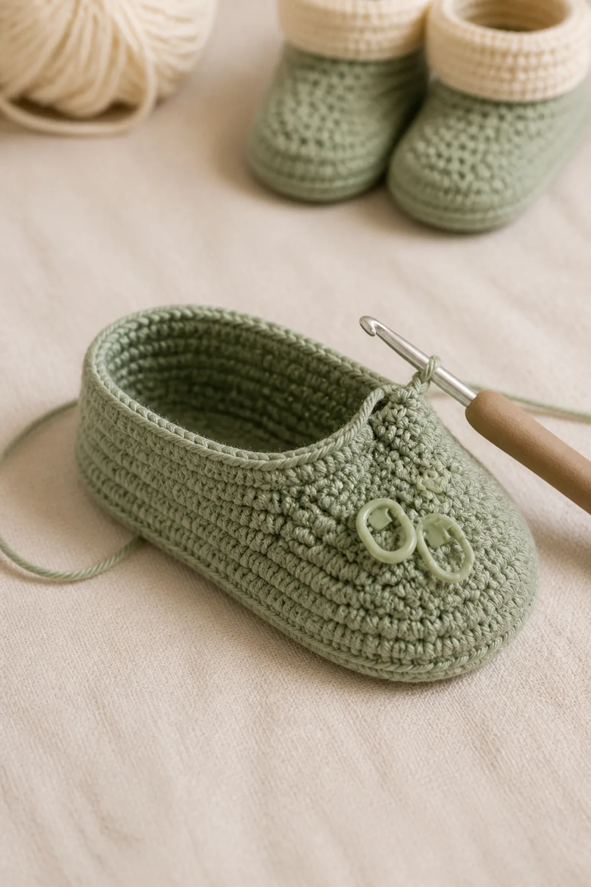 Mid-process construction of easy crochet baby booties pattern showing the established shape