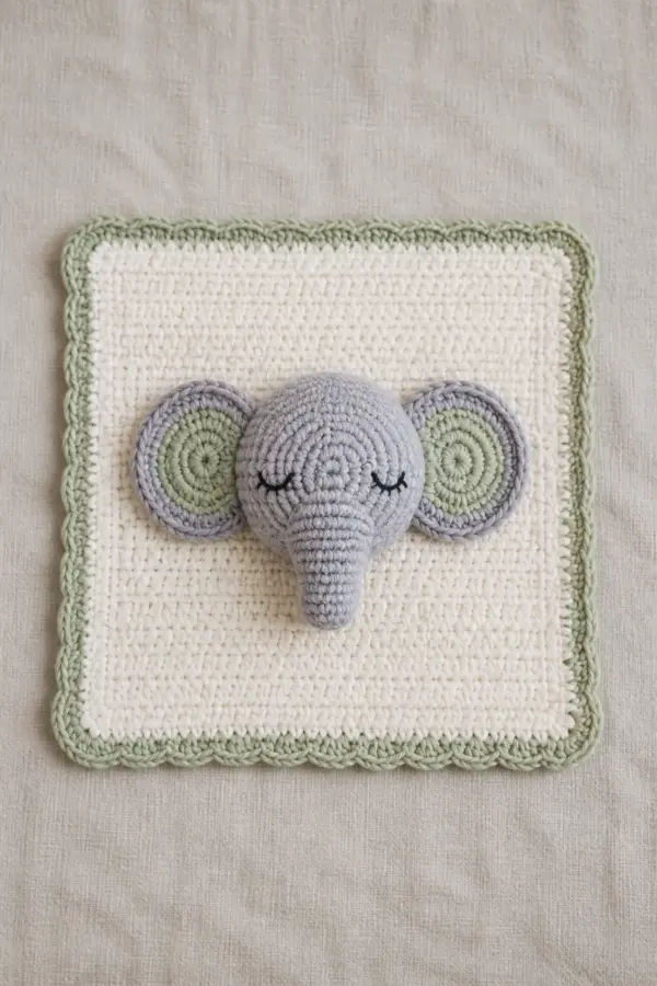 Finished elephant lovey with cream square, sage edge, and centered gray-lilac elephant head