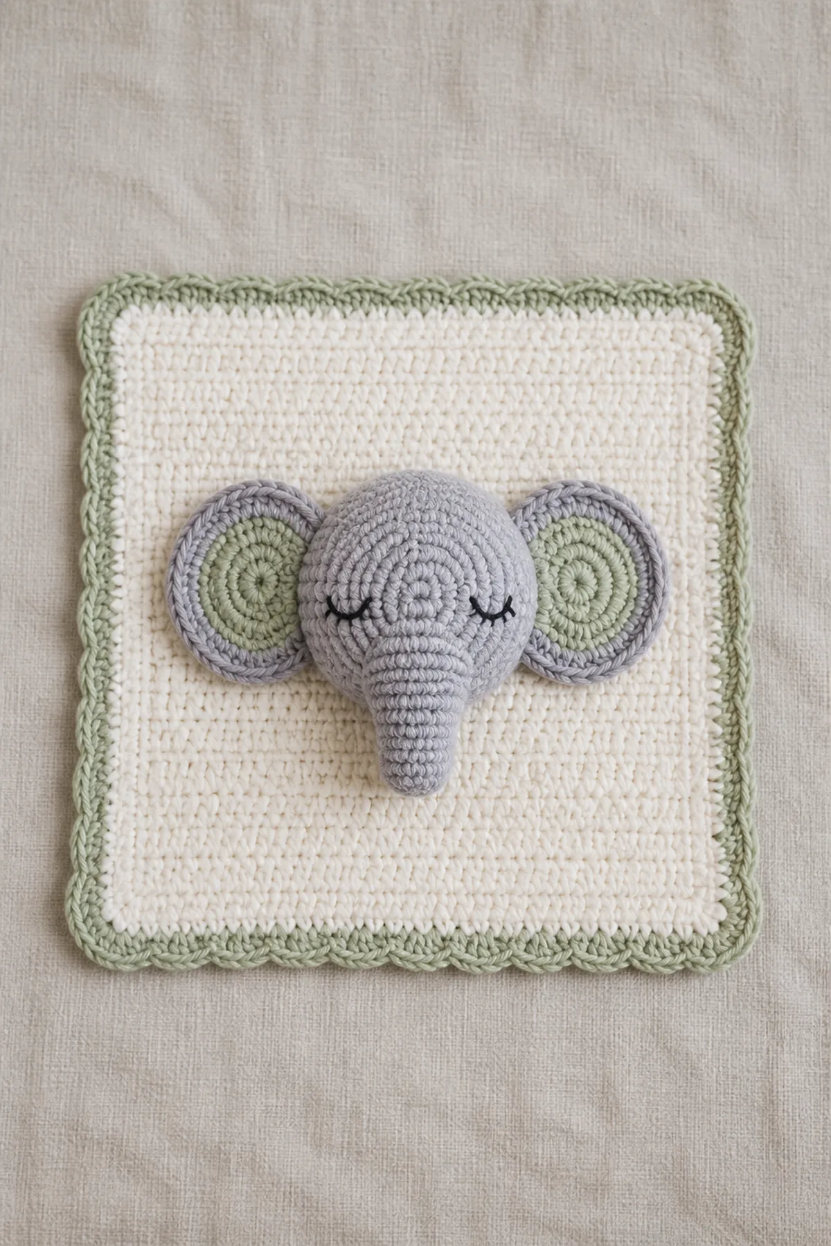 Finished elephant lovey with cream square, sage edge, and centered gray-lilac elephant head