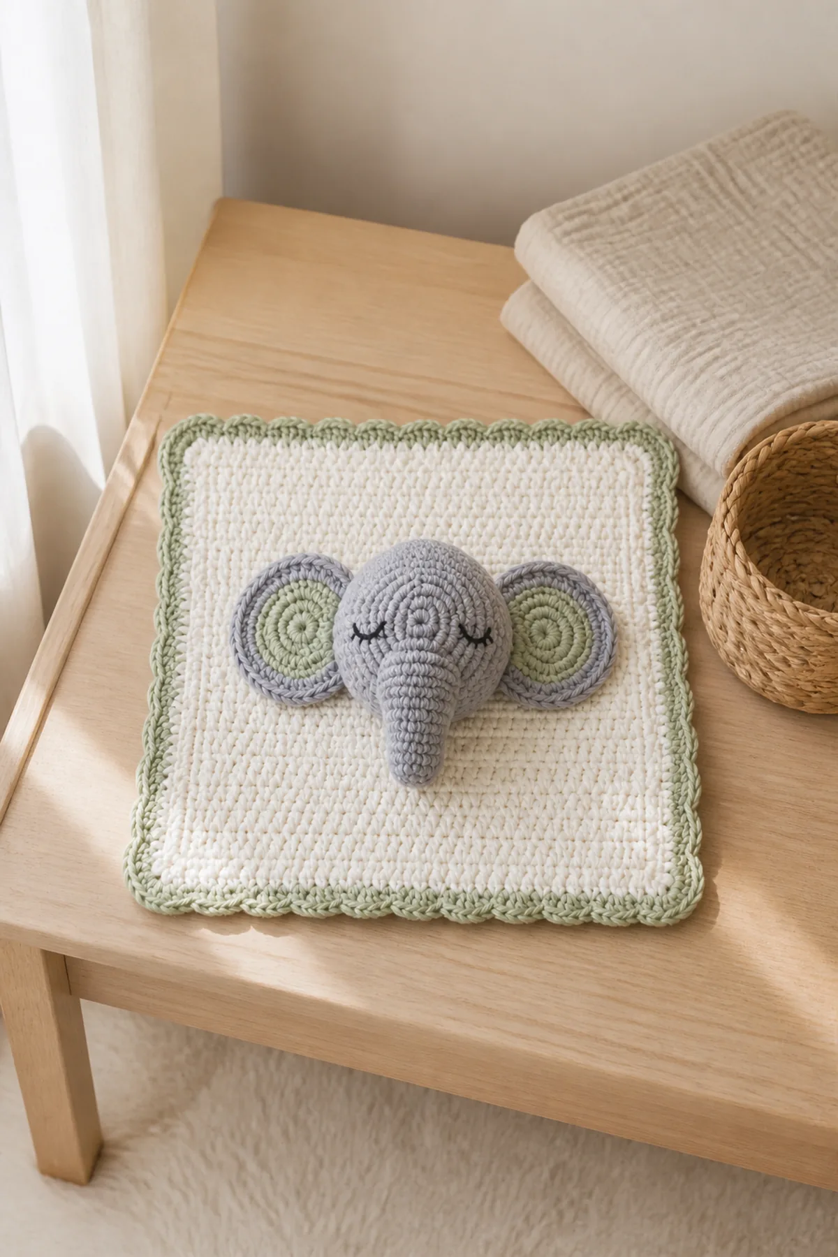 Finished elephant lovey styled in a calm bright nursery setting without a baby present