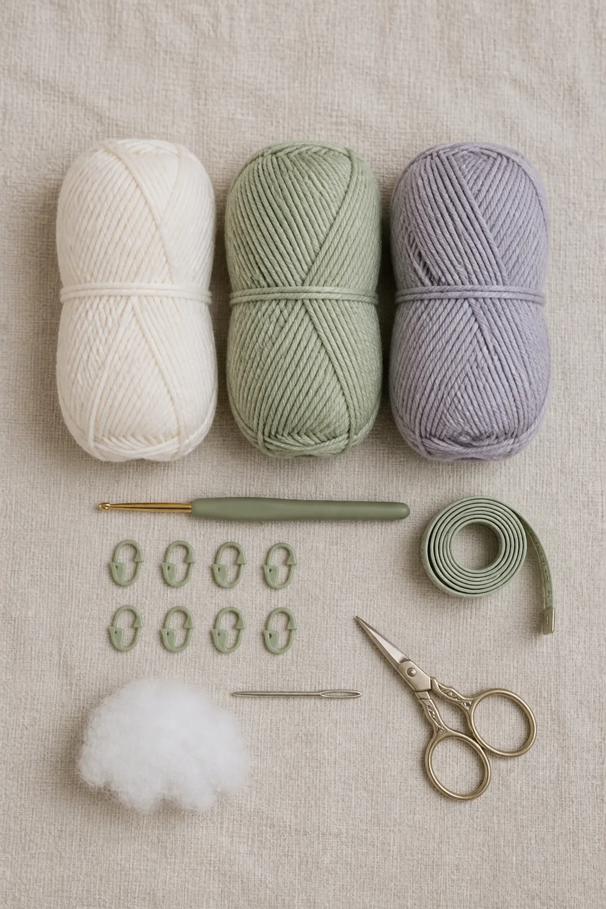 Baby-friendly yarn, crochet hook, stitch markers, tape measure, yarn needle, and scissors for elephant lovey