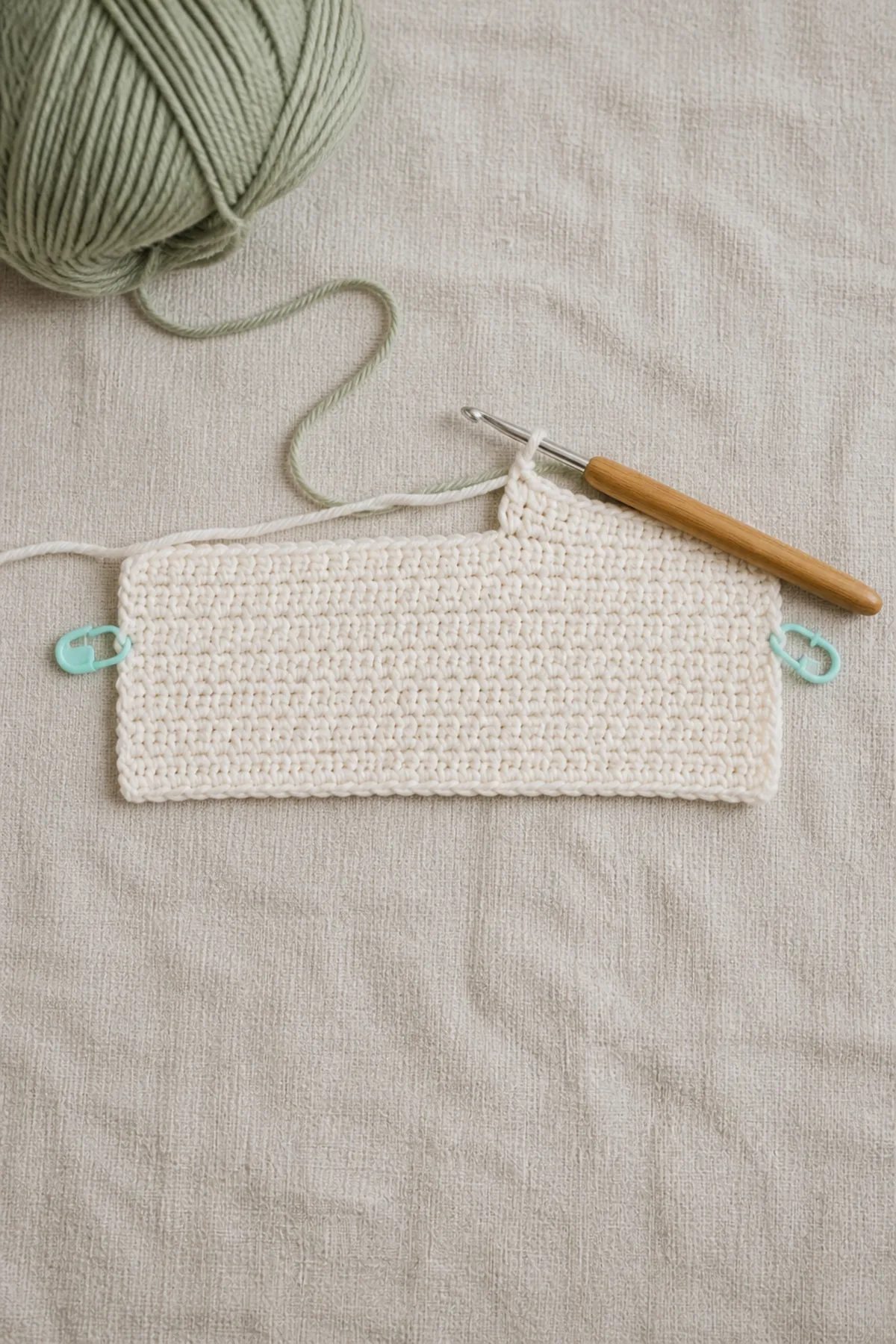 Early counted crochet stage of elephant lovey with matching yarn and hook
