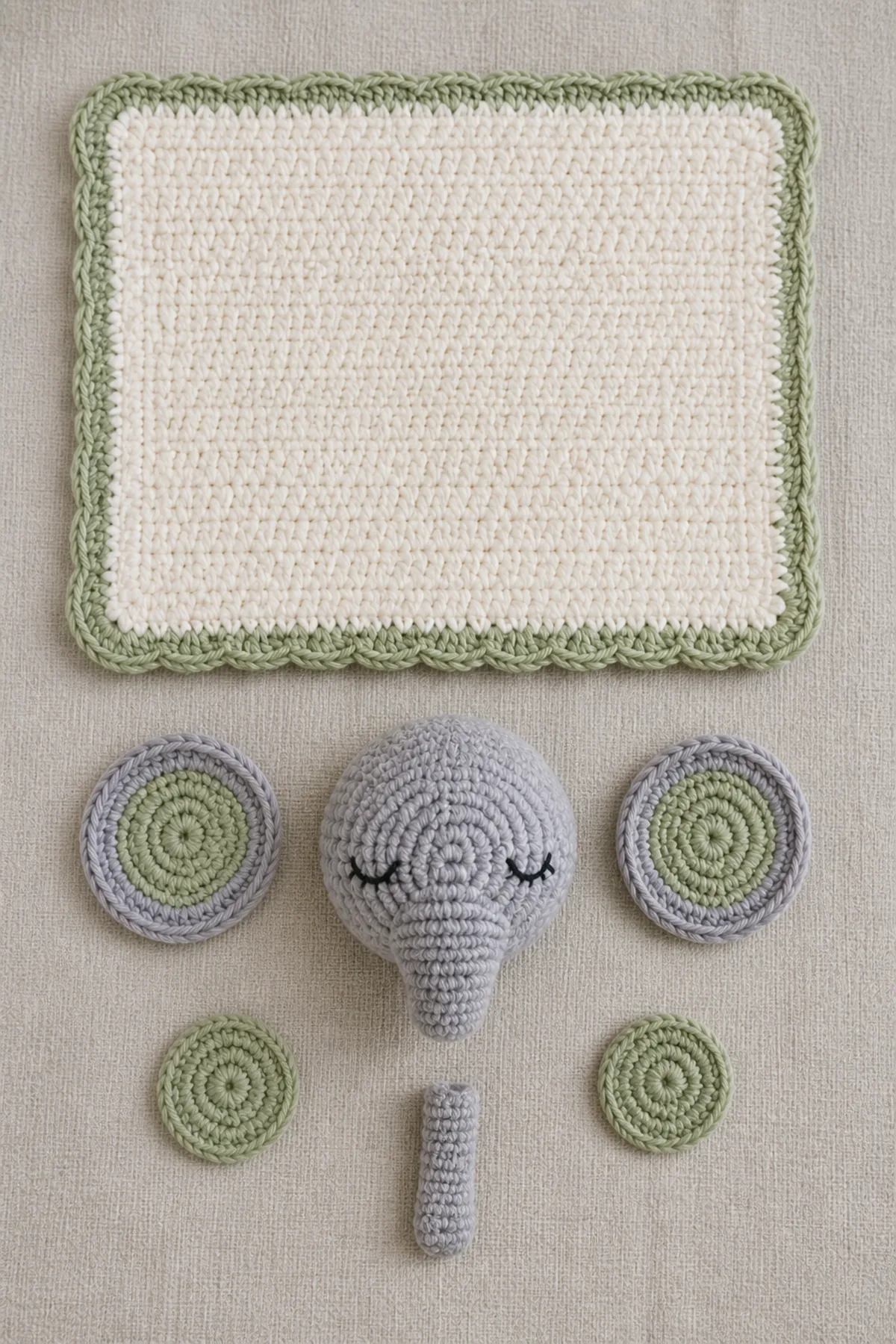 Cream lovey square with separate gray-lilac elephant head, two sage-lined ears, and one short trunk