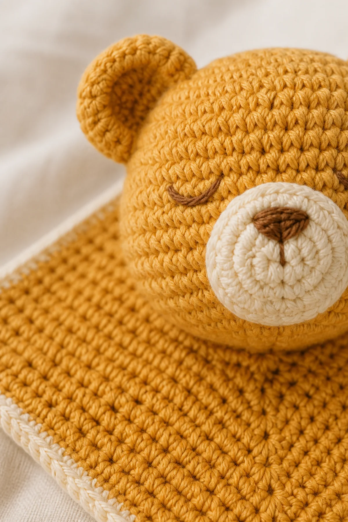 Close-up of the stitch texture and securely finished details on honey bear lovey security blanket