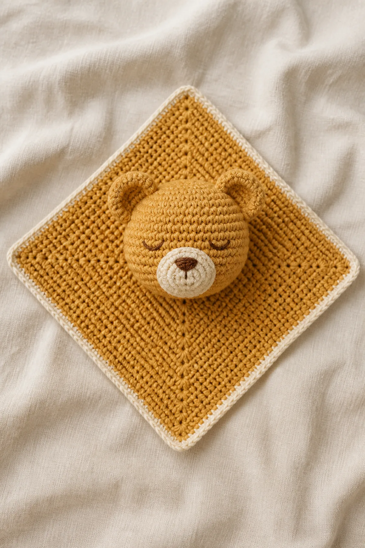Finished honey bear lovey security blanket with a honey-gold square, cream edge, and embroidered bear head