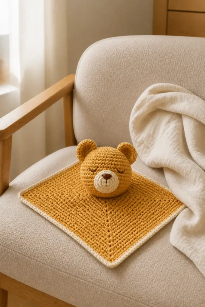 Finished honey bear lovey security blanket styled in a calm bright nursery setting without a baby present