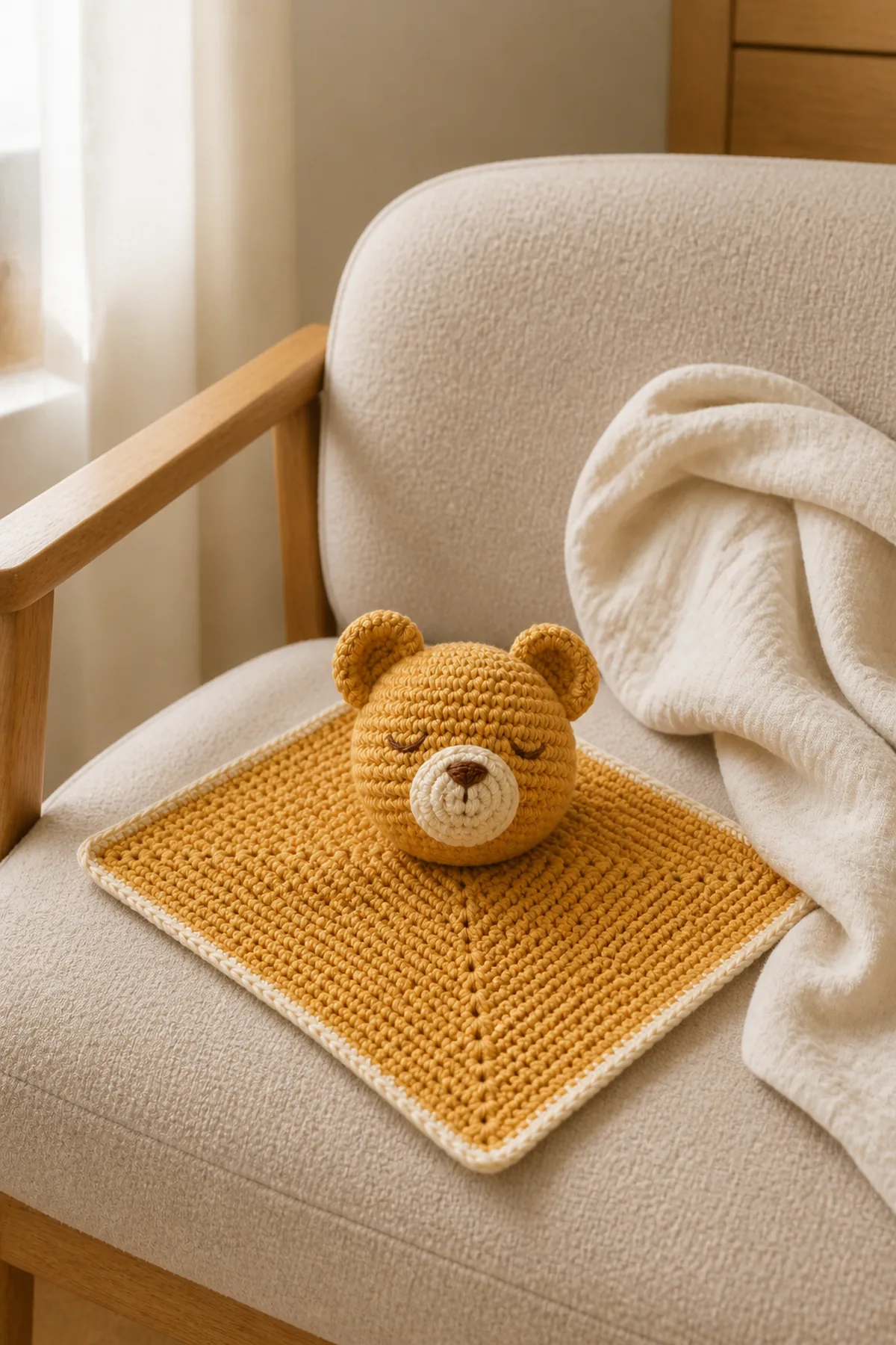 Finished honey bear lovey security blanket styled in a calm bright nursery setting without a baby present
