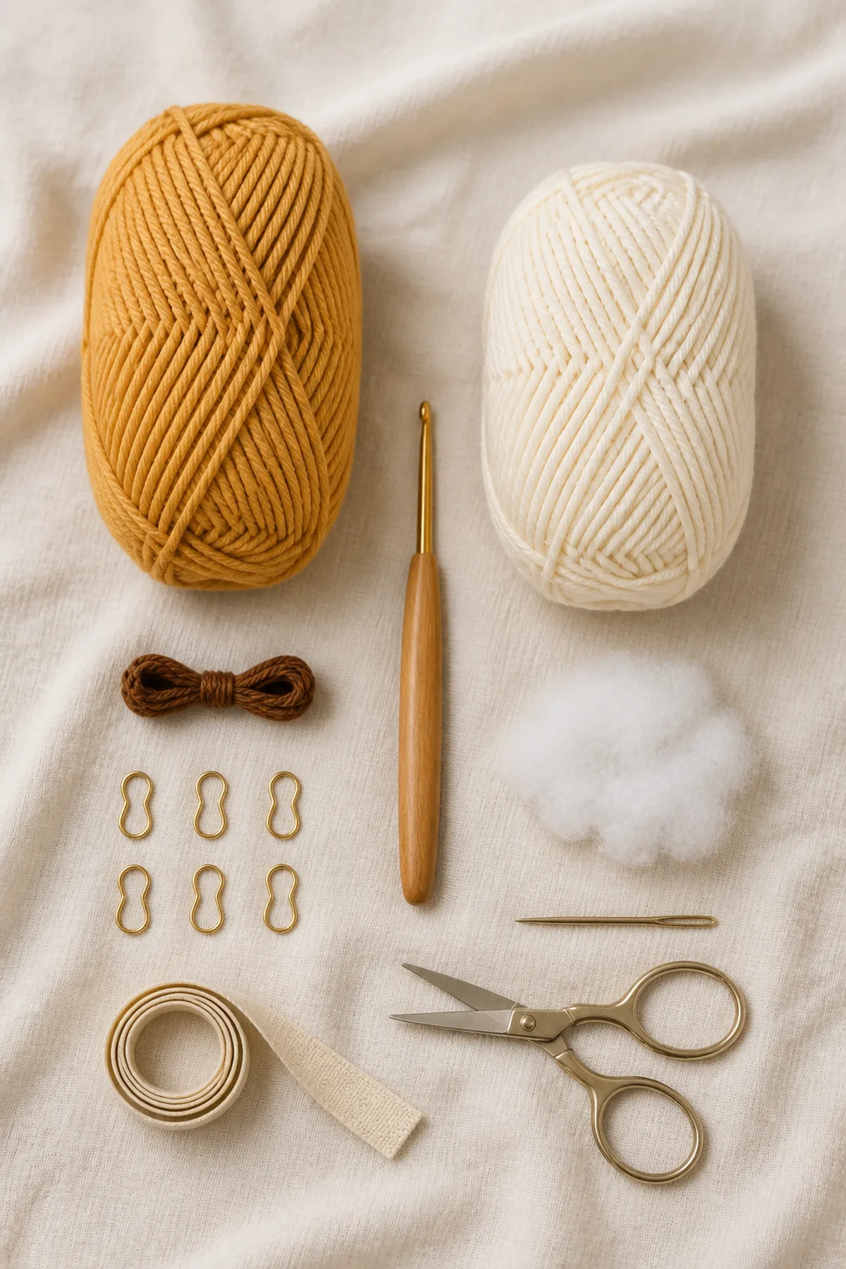 Baby-friendly yarn, crochet hook, stitch markers, tape measure, yarn needle, and scissors for honey bear lovey security blanket