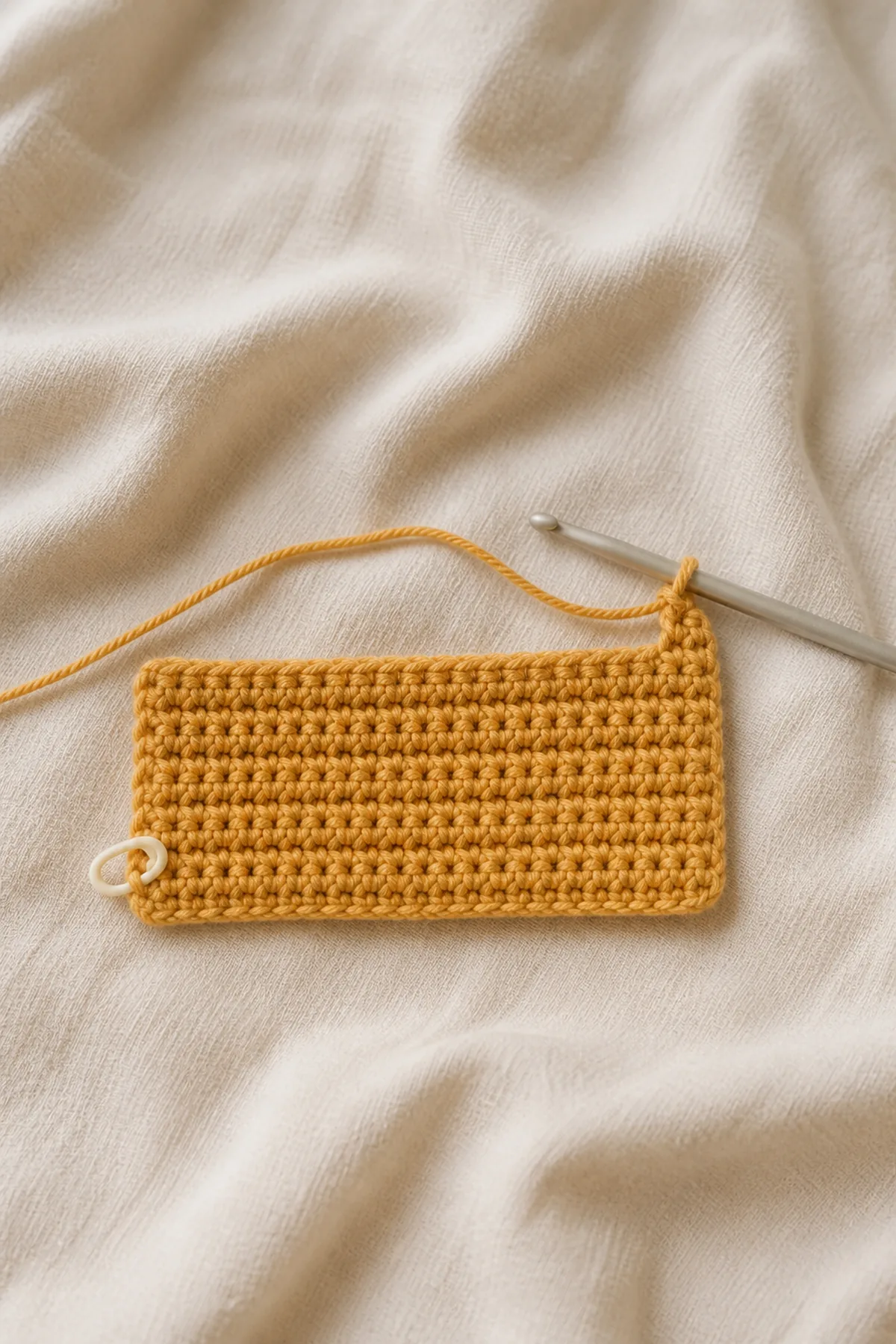 Early counted crochet stage of honey bear lovey security blanket with matching yarn and hook