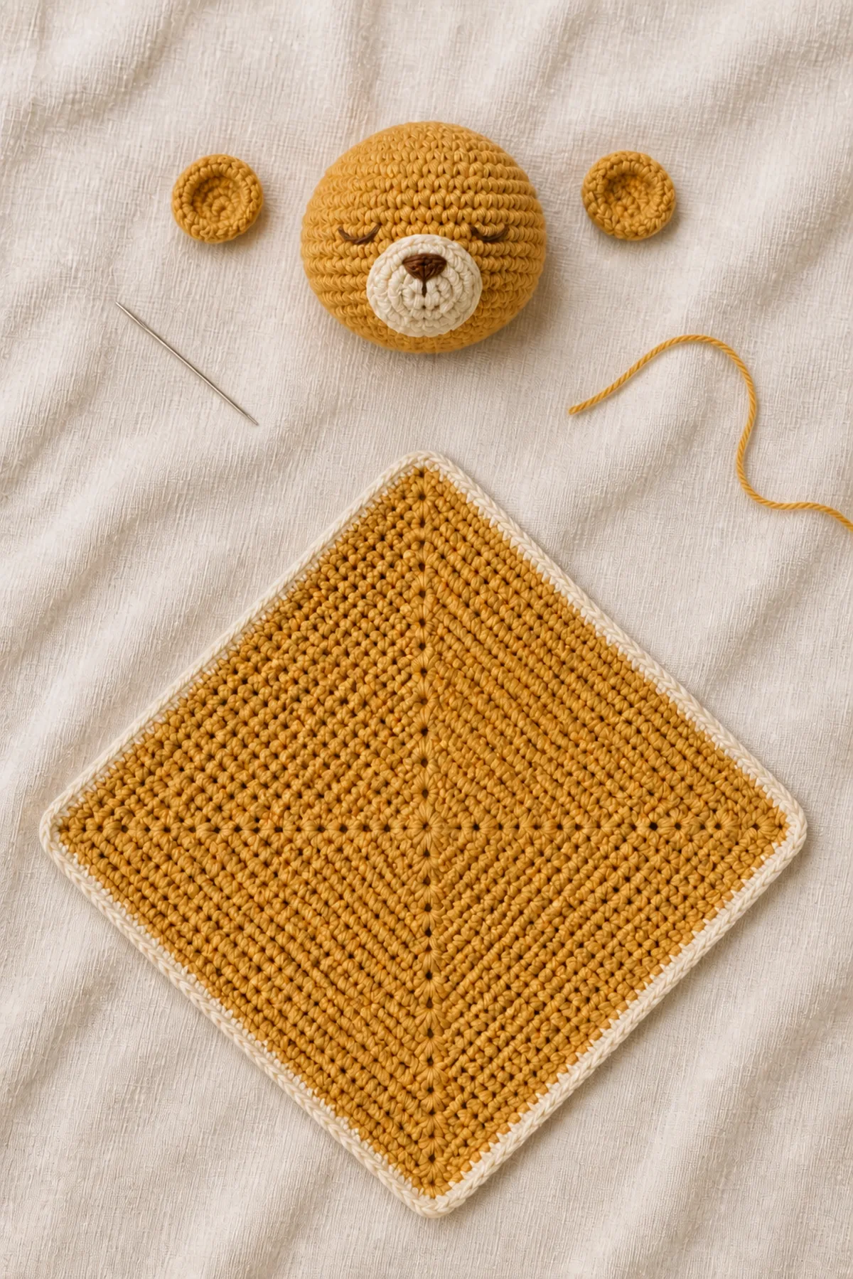 Mid-process construction of honey bear lovey security blanket showing the established shape