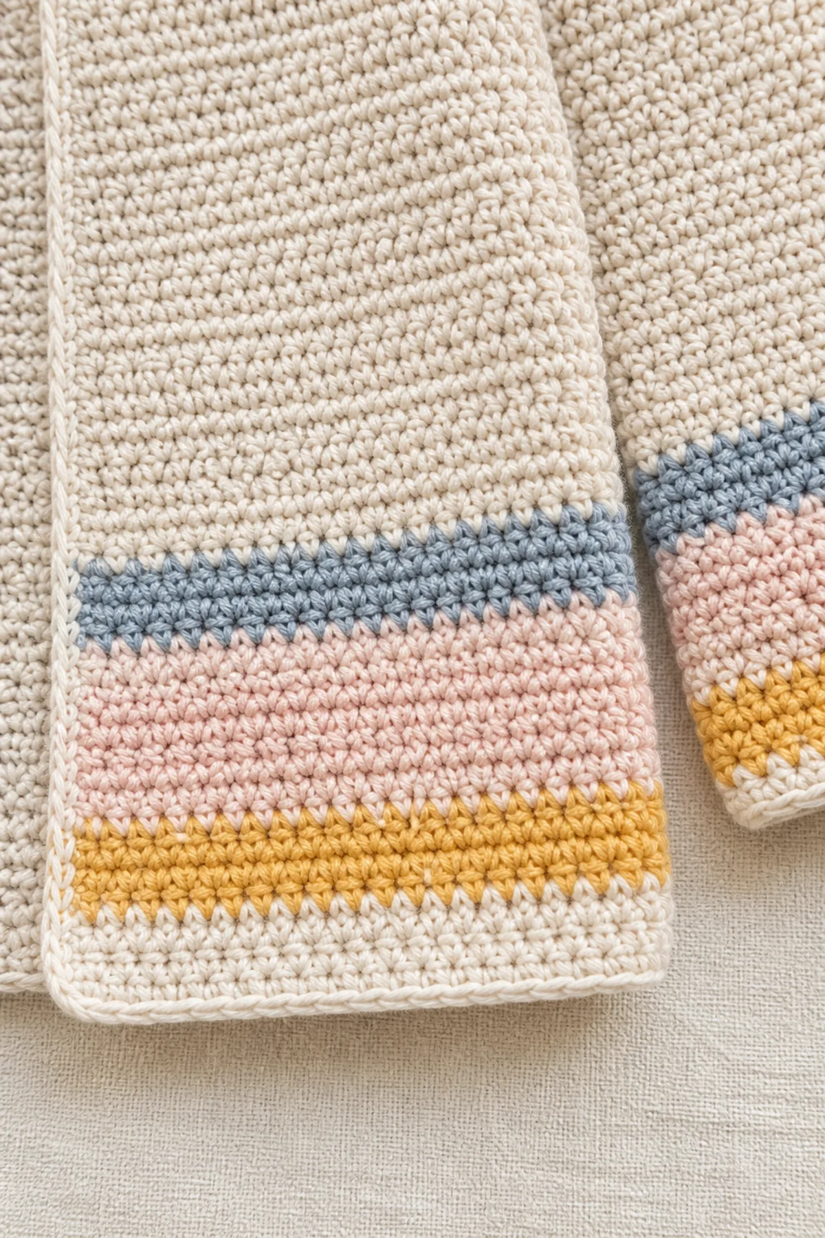 Close-up of clean dusty-blue, blush, and honey color changes on horizon - children’s cardigan