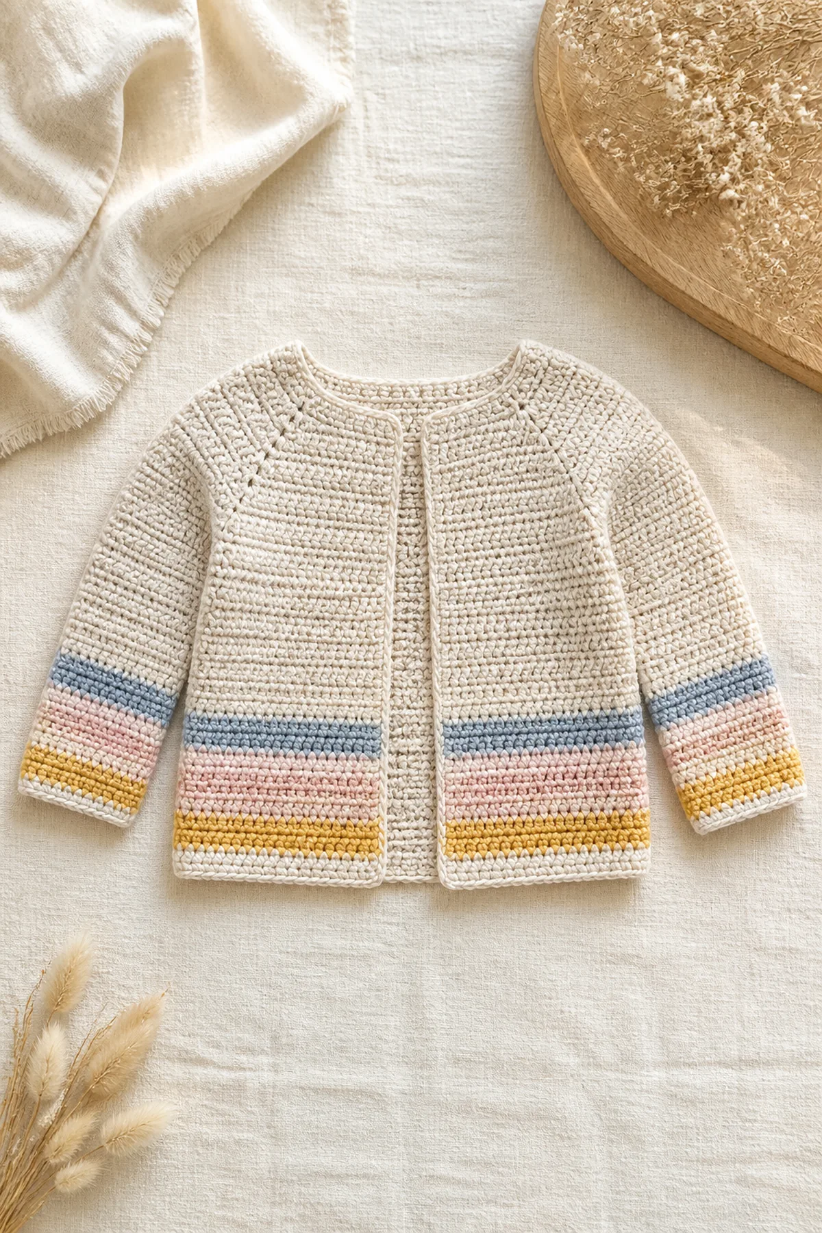 Finished horizon - children’s cardigan in oatmeal with dusty-blue, blush, and honey horizon bands