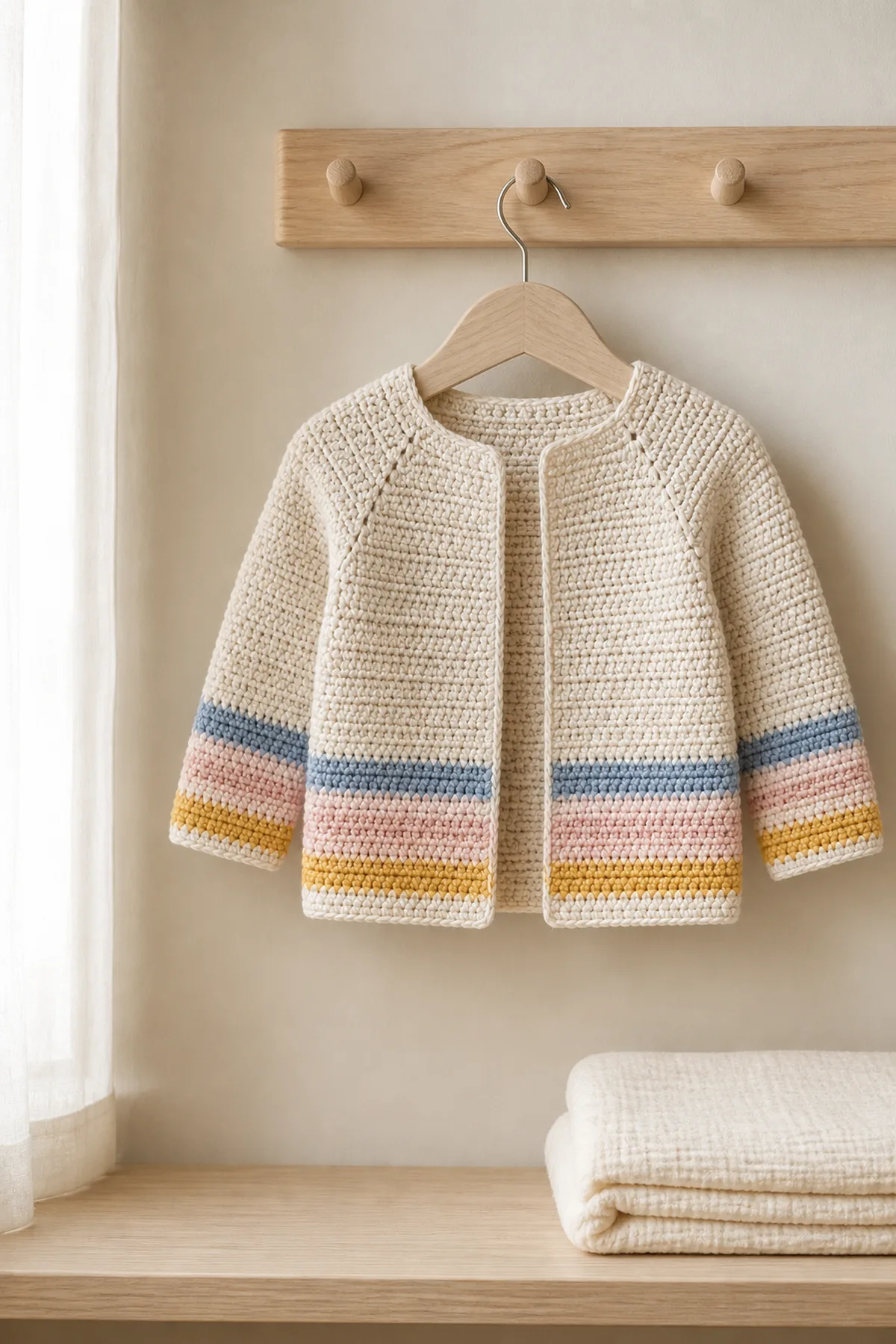 Finished horizon - children’s cardigan styled in a calm bright nursery setting without a baby present