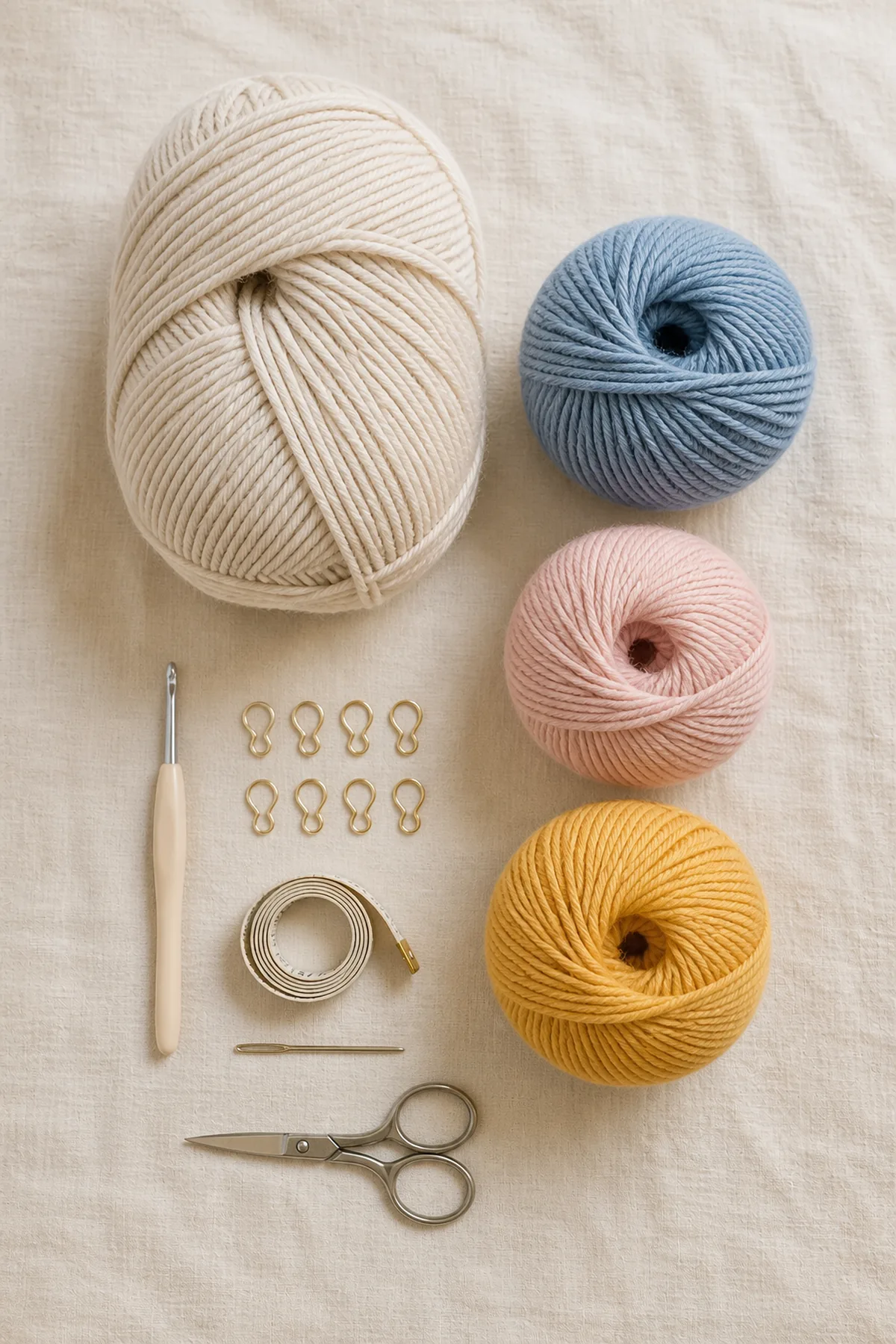 Baby-friendly yarn, crochet hook, stitch markers, tape measure, yarn needle, and scissors for horizon - children’s cardigan