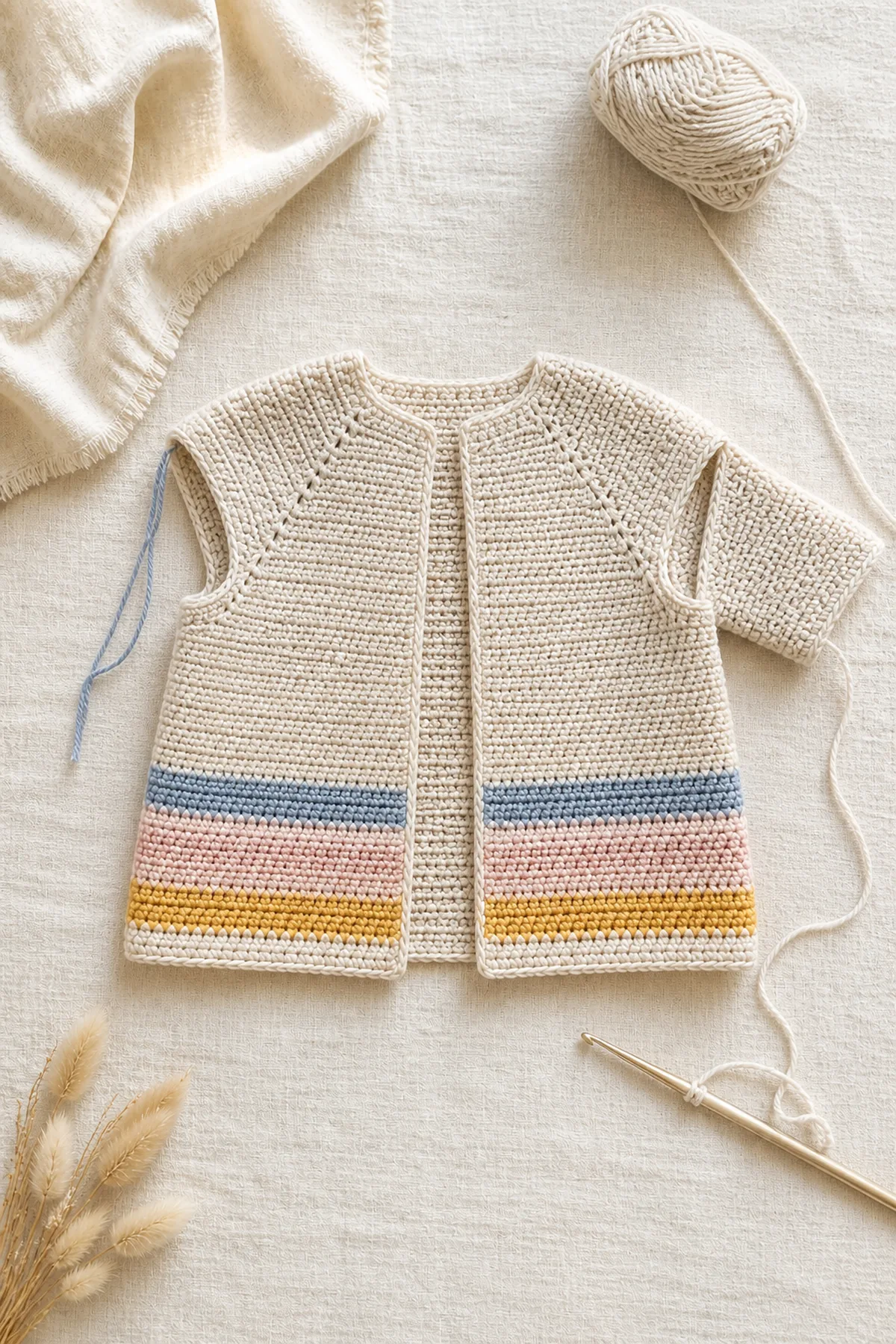 Top-down oatmeal cardigan body for horizon - children’s cardigan with aligned horizon color bands
