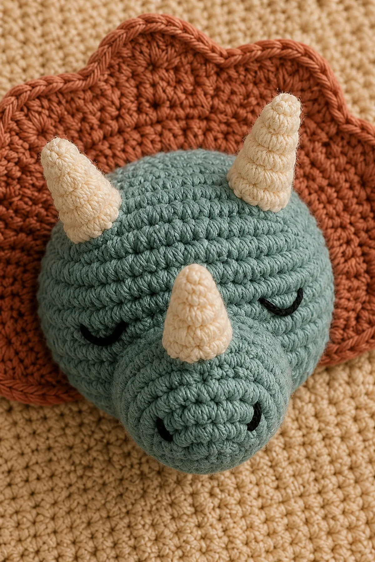 Close-up of the triceratops embroidered face, anchored flat frill, and three unstuffed cream yarn horns