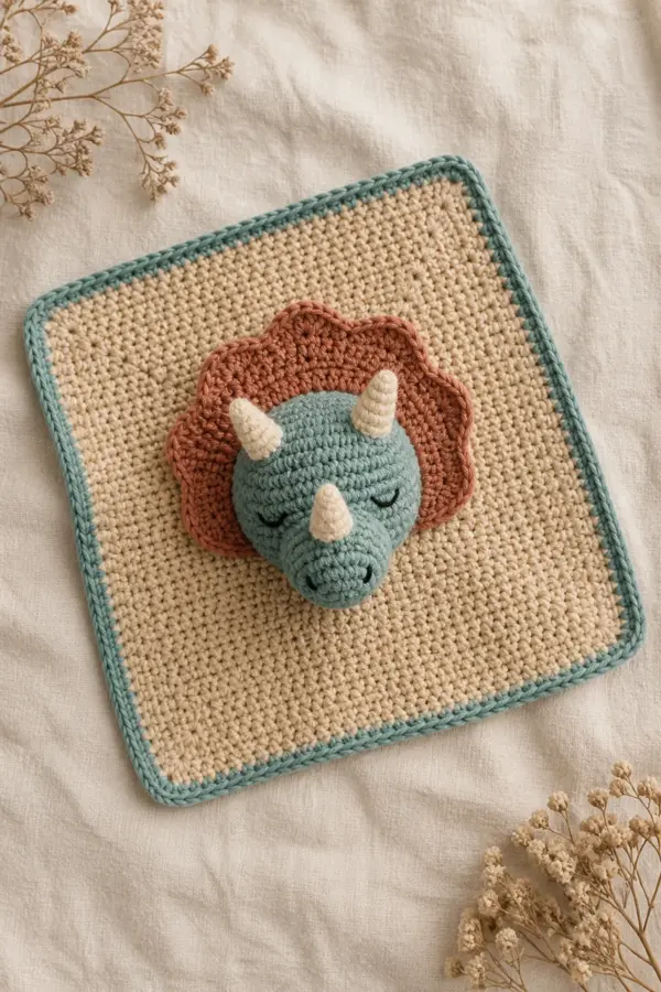 Finished hug me triceratops lovey with a warm sand square and muted-teal triceratops with terracotta frill and three cream horns