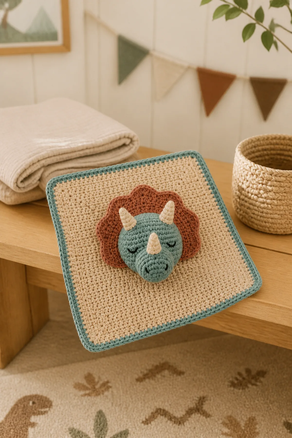 Finished hug me triceratops lovey styled in a calm bright nursery setting without a baby present