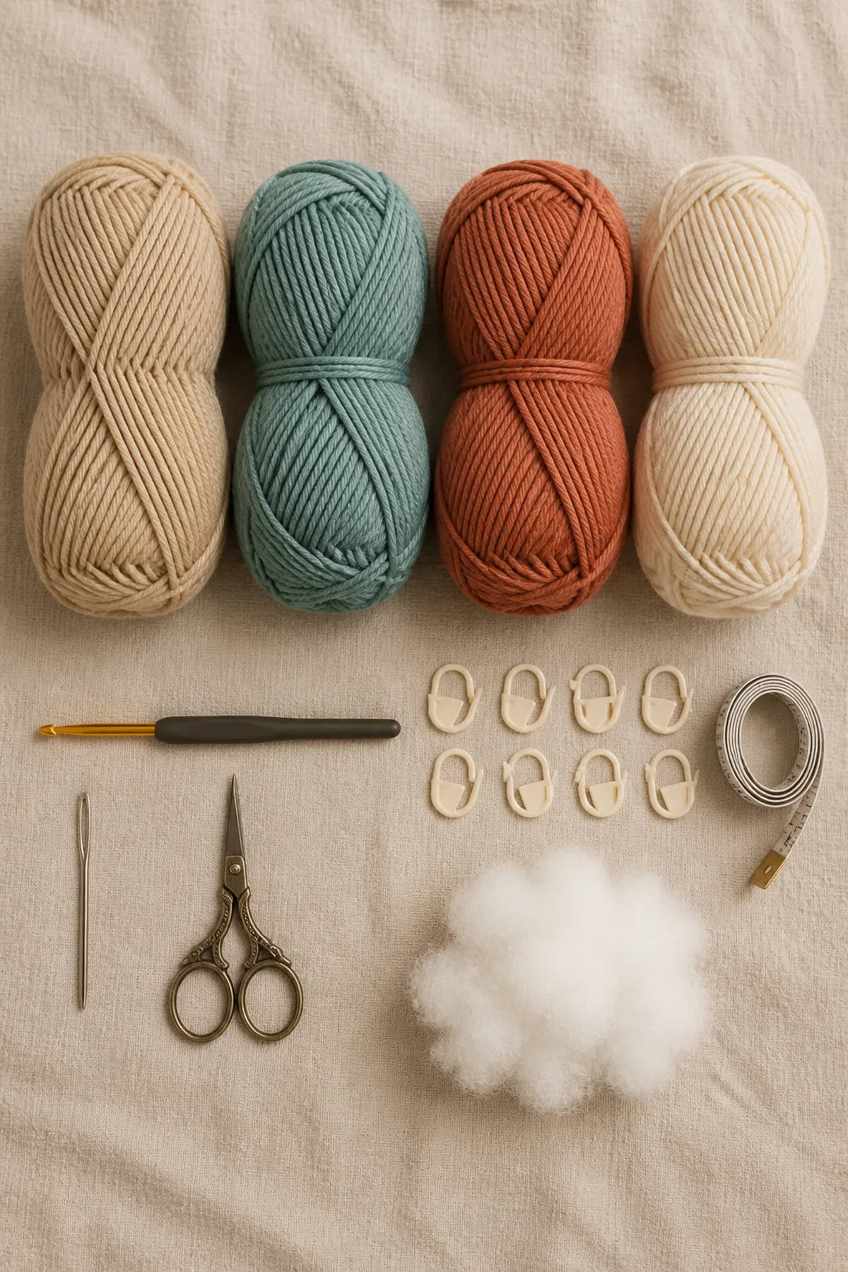 Baby-friendly yarn, crochet hook, stitch markers, tape measure, yarn needle, and scissors for hug me triceratops lovey