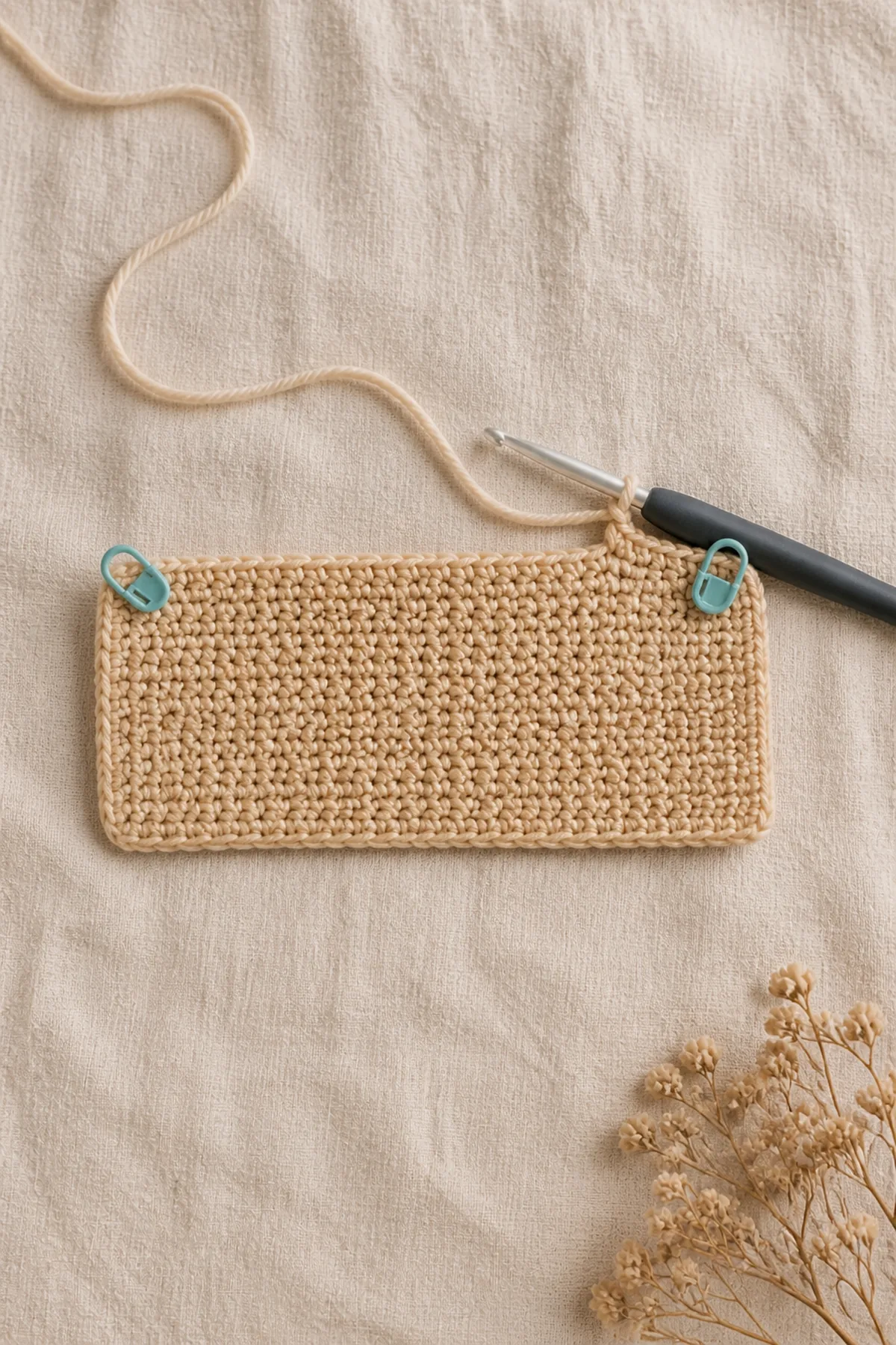 Early counted crochet stage of hug me triceratops lovey with matching yarn and hook