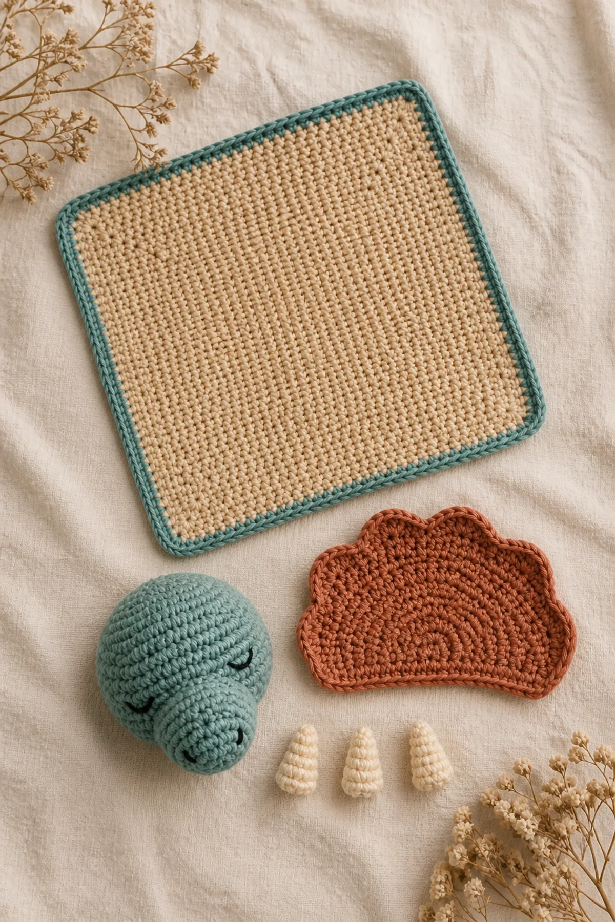 Warm sand lovey square with separate teal triceratops head, flat terracotta frill, and exactly three soft horns