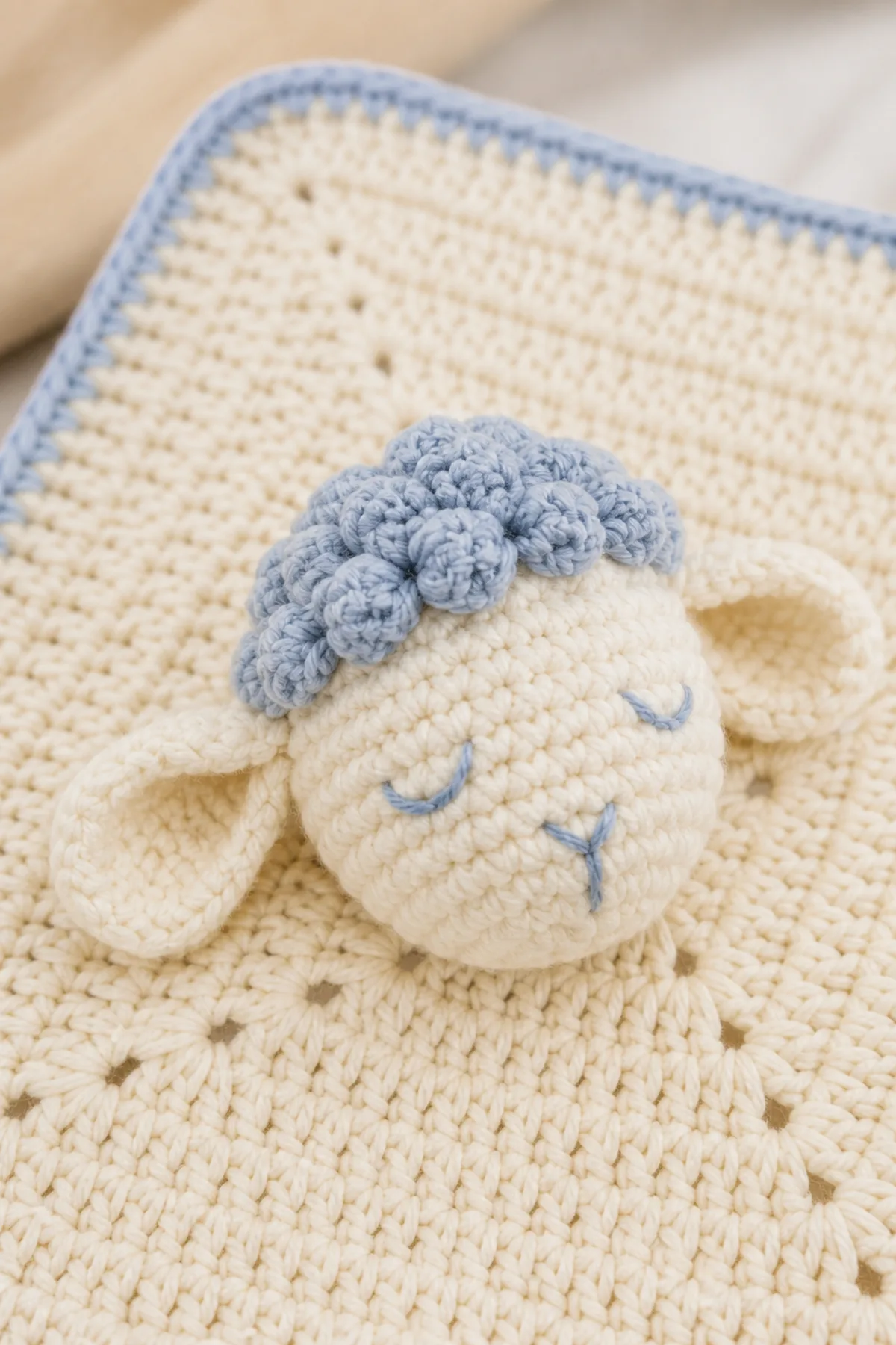 Close-up of the lamb's flat bobble fleece cap, embroidered face, and secure ear seams