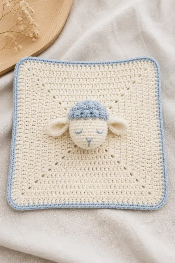Finished lovey lamb free pattern with a cream square, dusty-blue edge, and sleepy textured lamb head