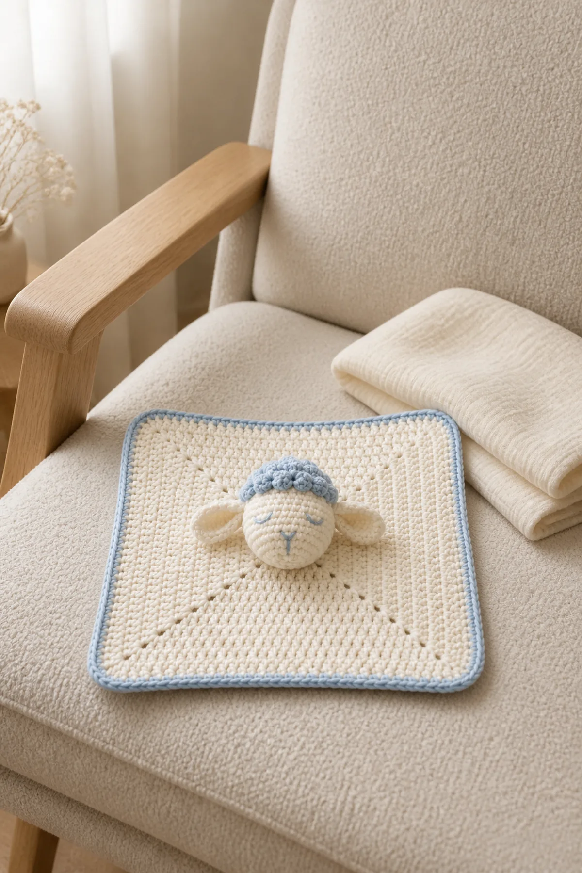 Finished lovey lamb free pattern styled in a calm bright nursery setting without a baby present