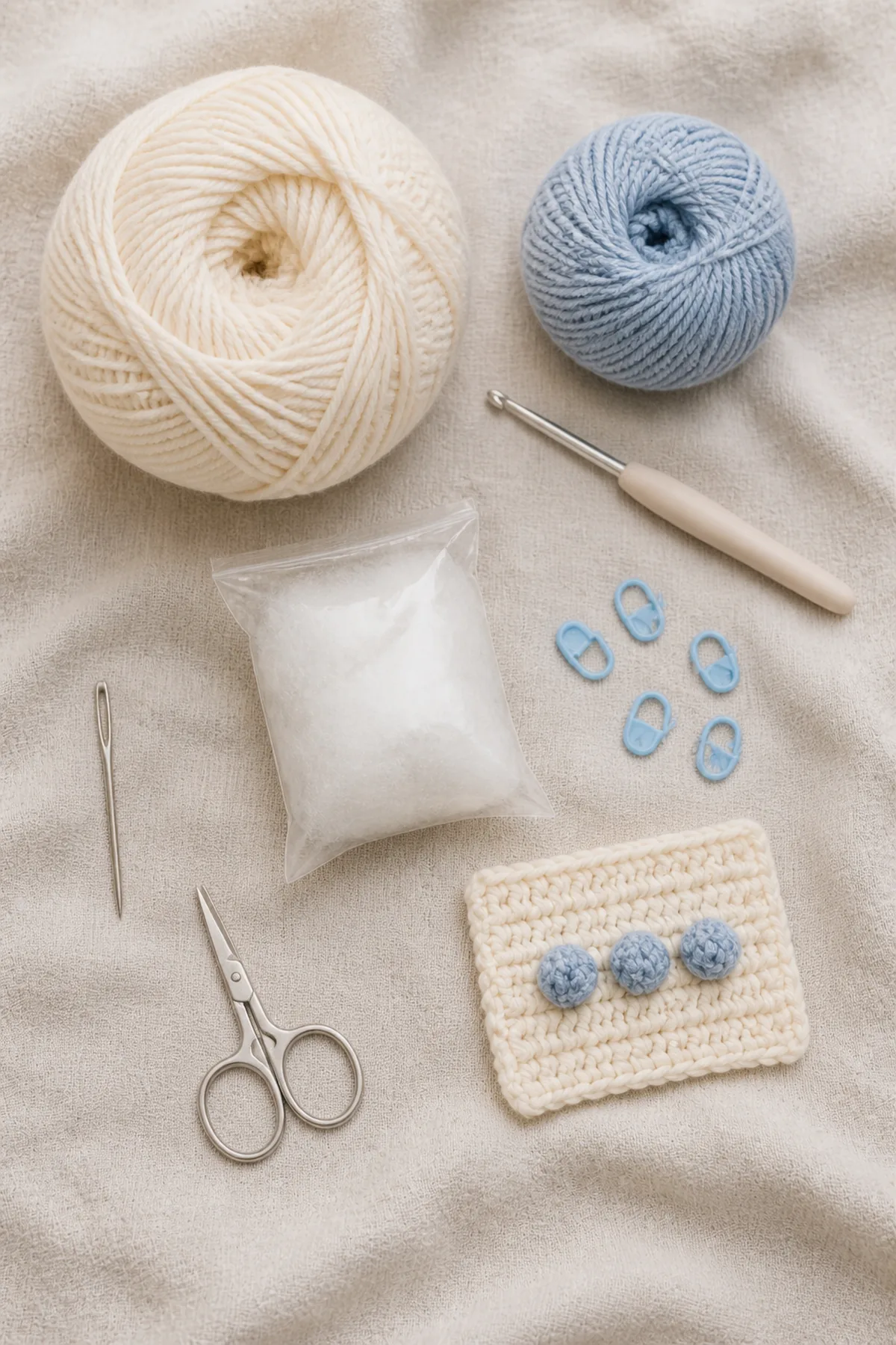 Baby-friendly yarn, crochet hook, stitch markers, tape measure, yarn needle, and scissors for lovey lamb free pattern