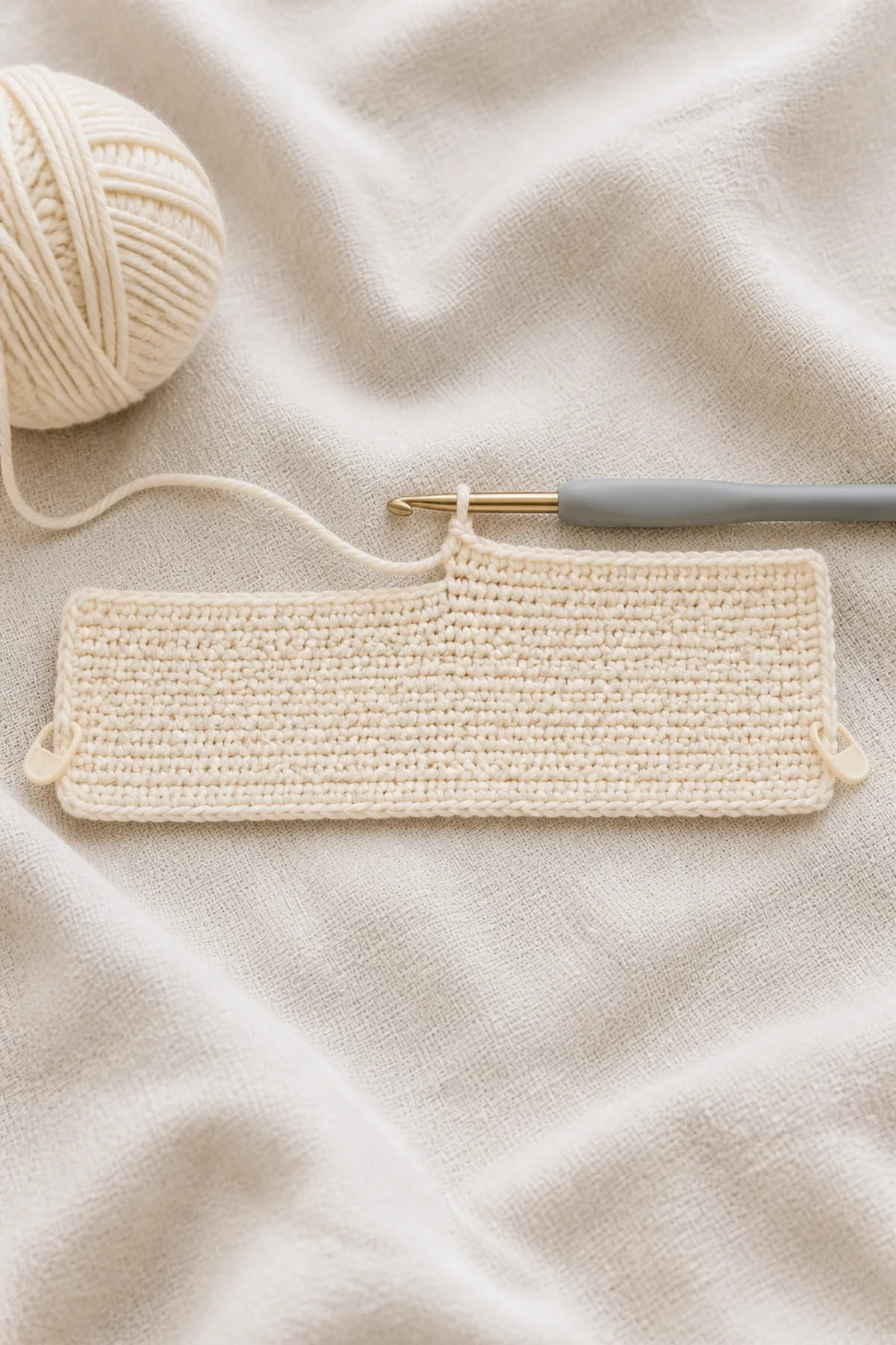 Early counted crochet stage of lovey lamb free pattern with matching yarn and hook