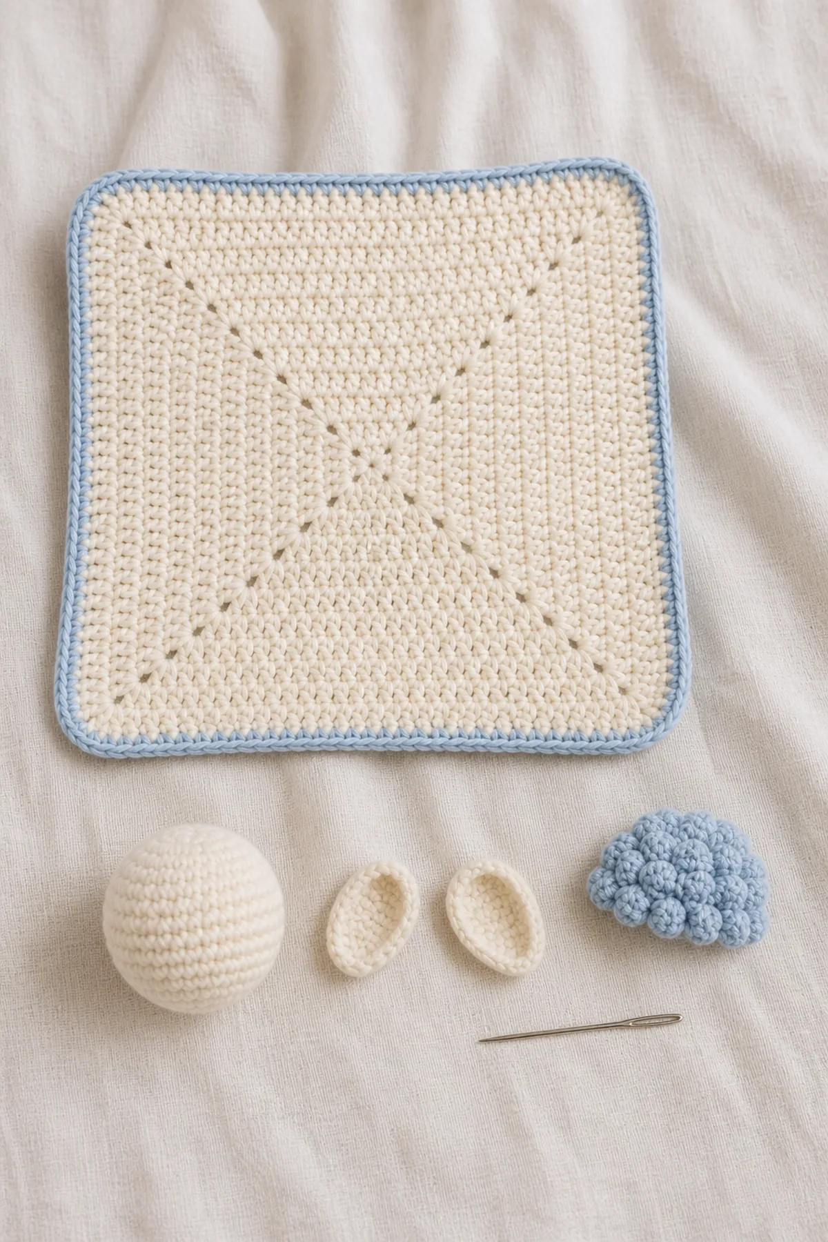 Mid-process construction of lovey lamb free pattern showing the established shape