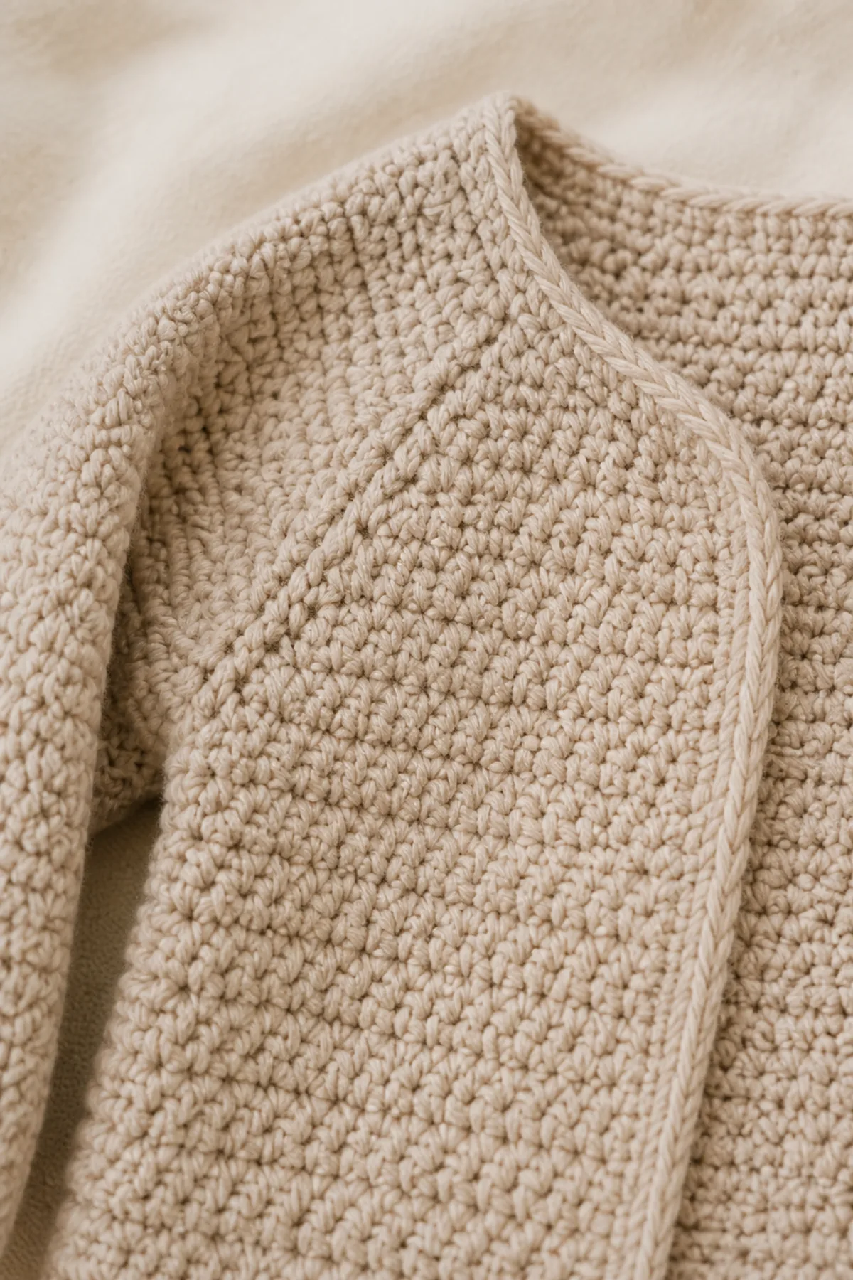Close-up of the stitch texture and securely finished details on mini heirloom baby cardigan