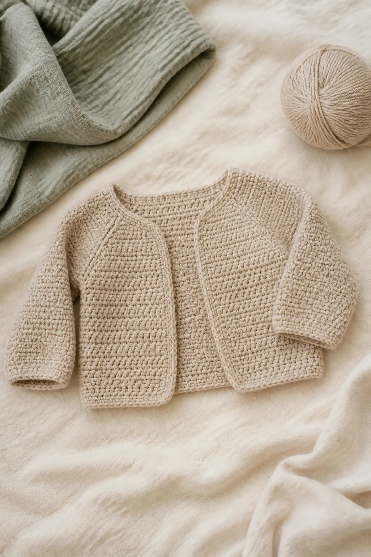 Finished mini heirloom baby cardigan in soft cream and sage yarn on a neutral nursery surface