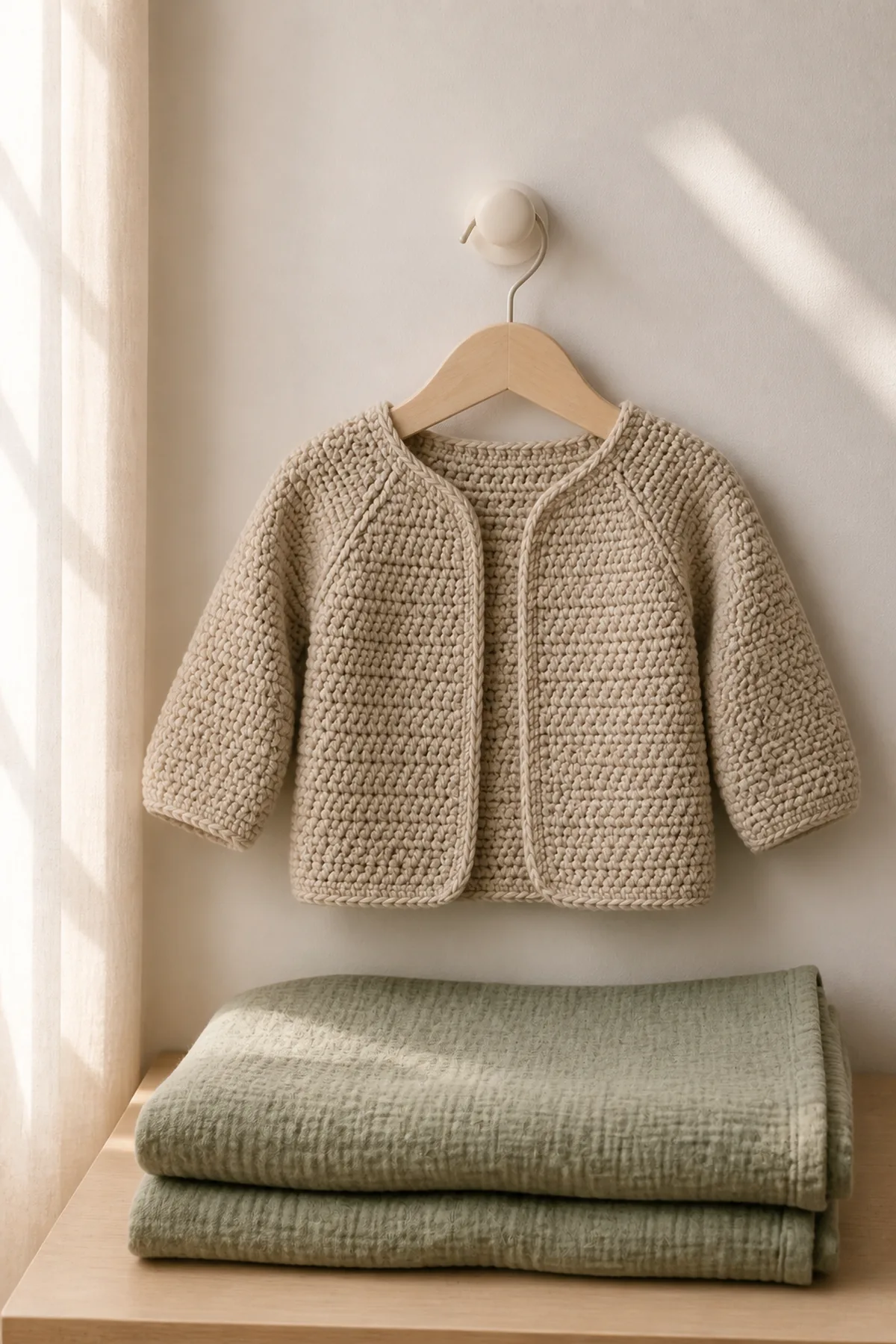 Finished mini heirloom baby cardigan styled in a calm bright nursery setting without a baby present
