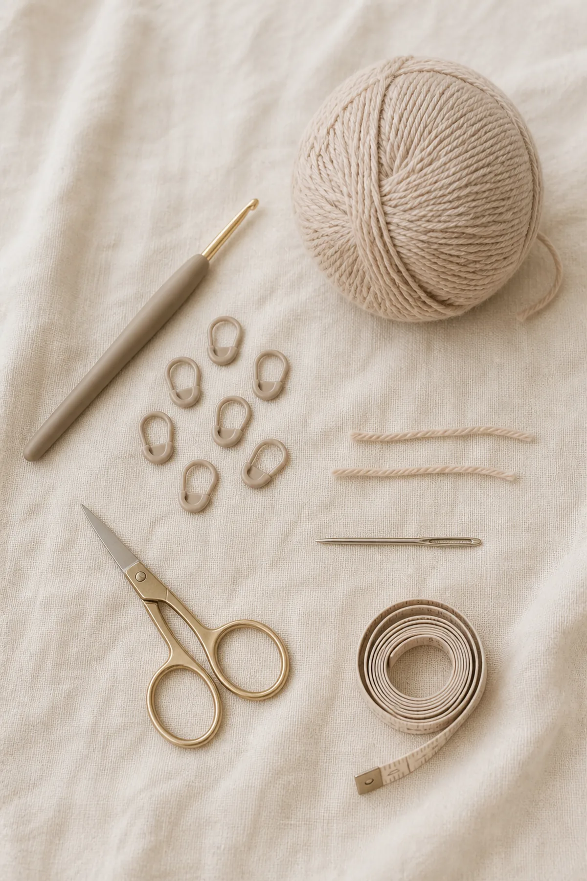 Baby-friendly yarn, crochet hook, stitch markers, tape measure, yarn needle, and scissors for mini heirloom baby cardigan