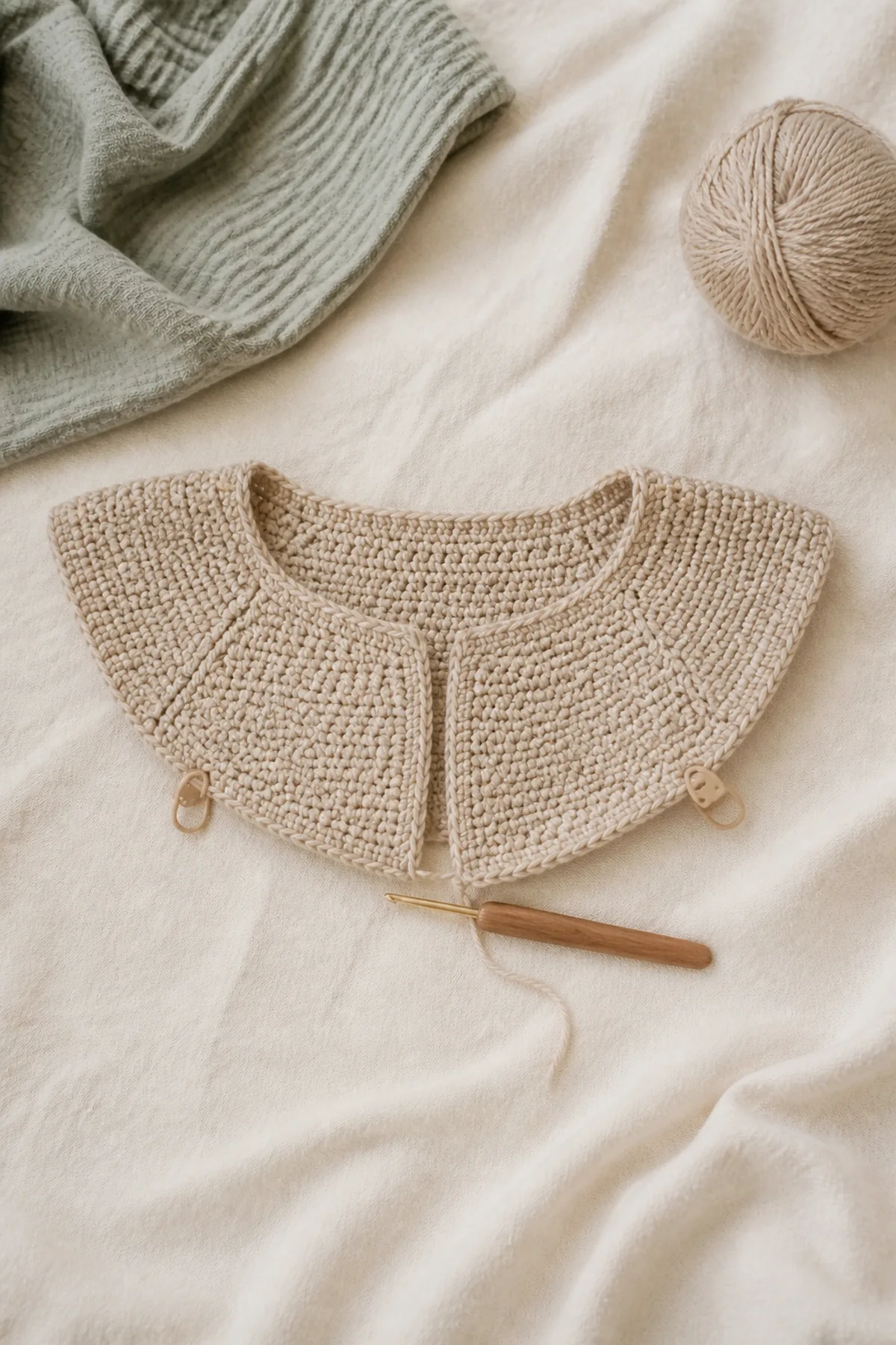 Early counted crochet stage of mini heirloom baby cardigan with matching yarn and hook