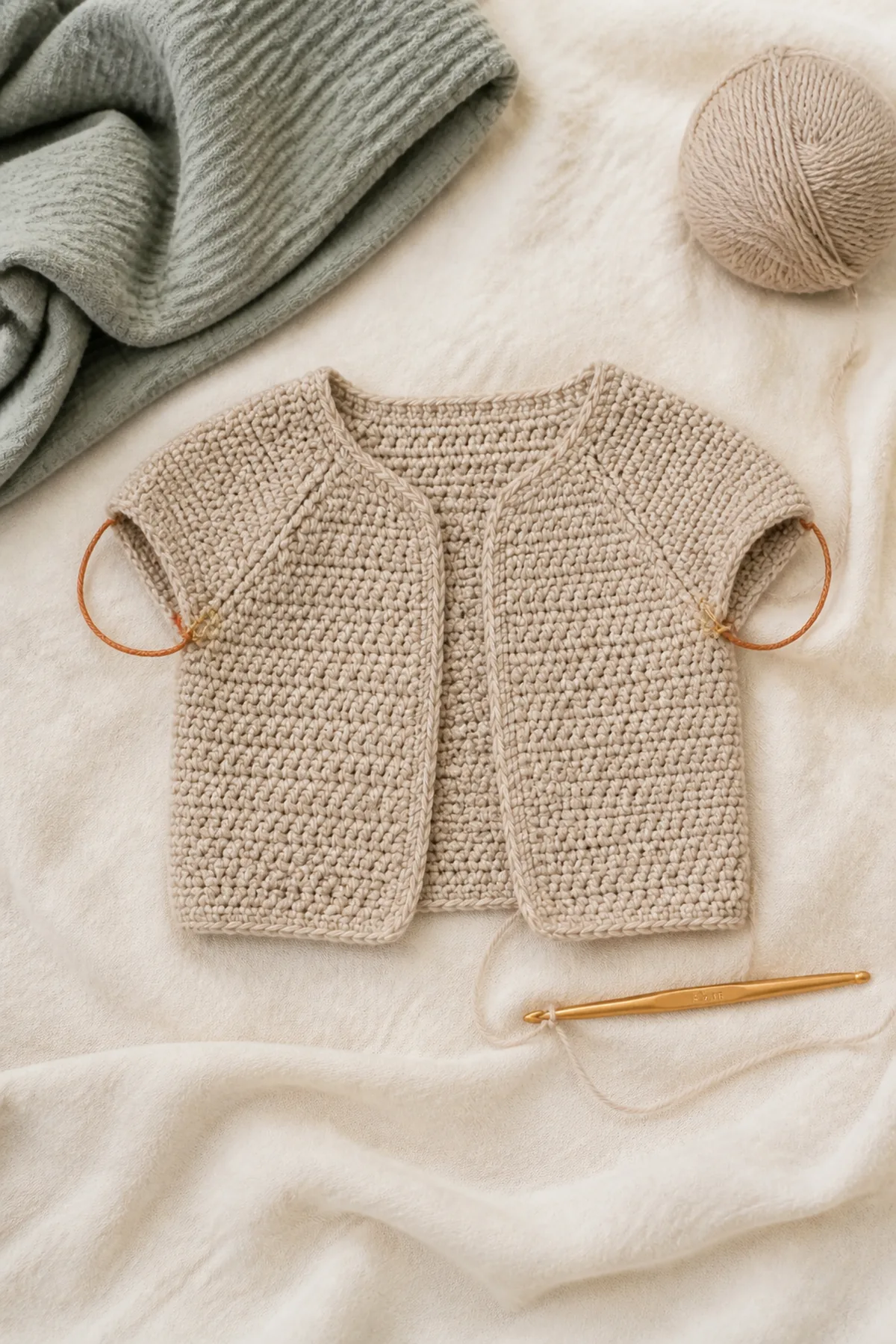 Mid-process construction of mini heirloom baby cardigan showing the established shape