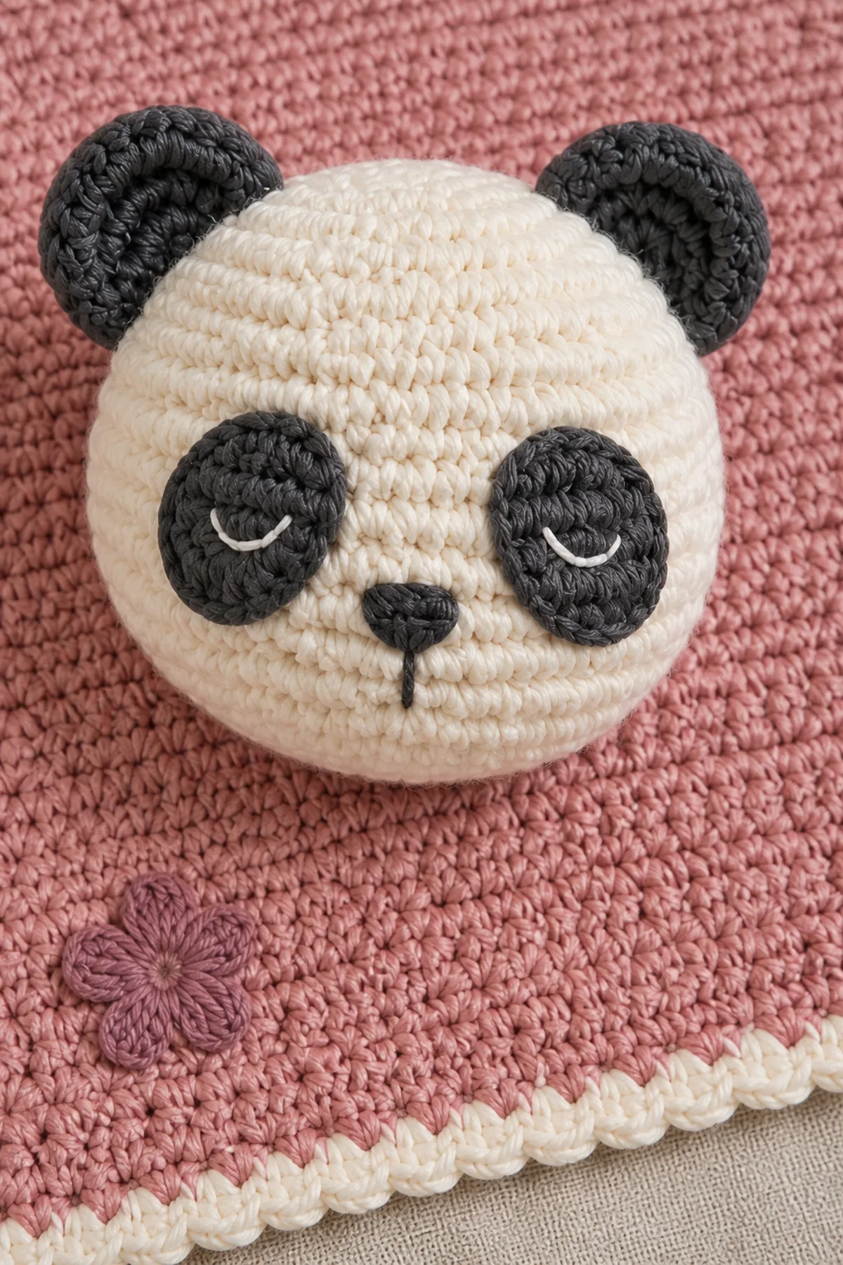 Close-up of Petunia's flat charcoal panda markings, embroidered face, and anchored mauve flower