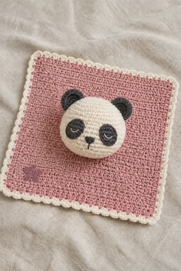 Finished petunia the panda lovey with a dusty-rose square, cream panda head, charcoal markings, and tiny flat petunia