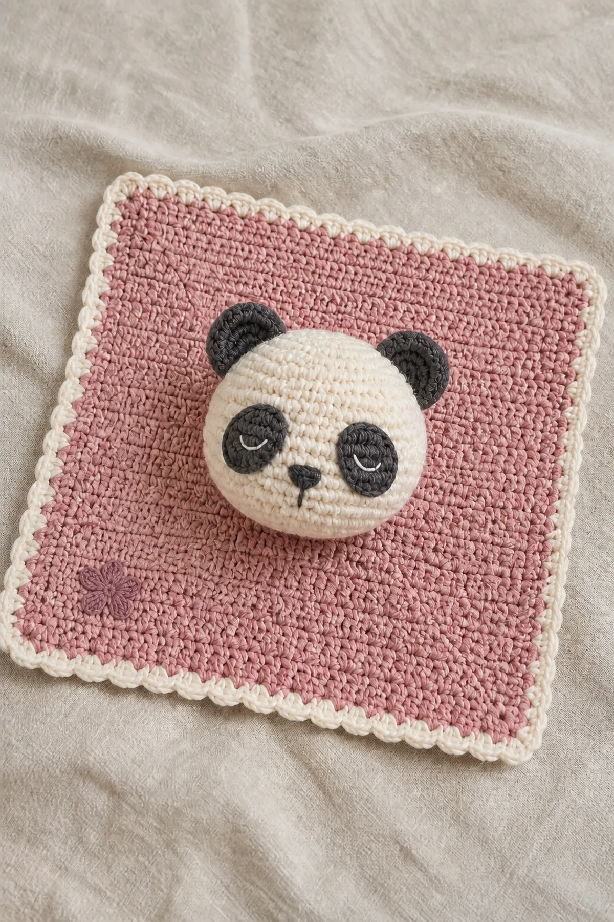 Finished petunia the panda lovey with a dusty-rose square, cream panda head, charcoal markings, and tiny flat petunia