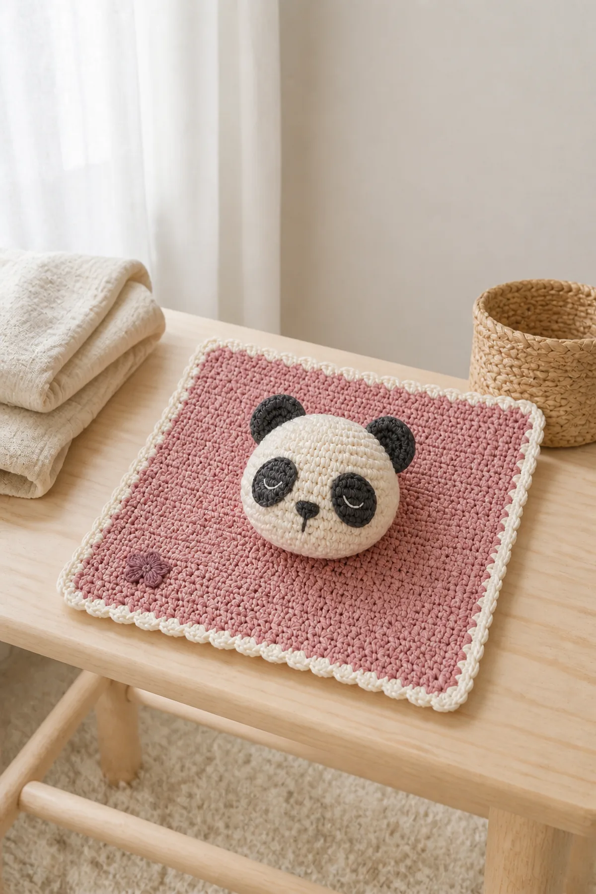 Finished petunia the panda lovey styled in a calm bright nursery setting without a baby present